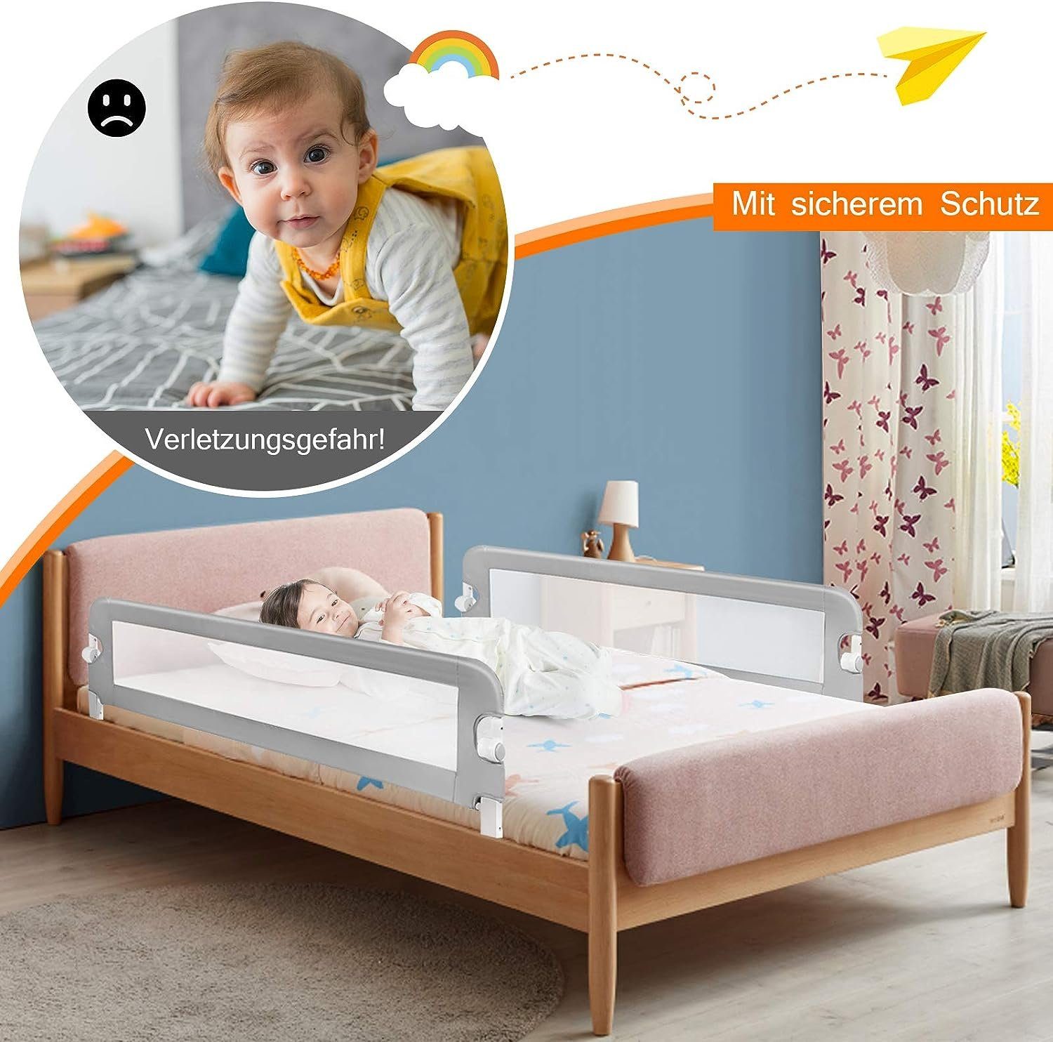 KOMFOTTEU Bettschutzgitter Babybettgitter, für Babys unter 3 Jahren, 120 x 42 cm
