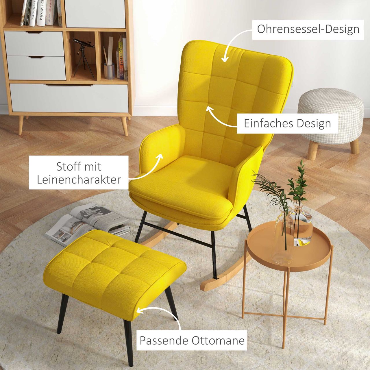 HOMCOM Schaukelstuhl Schwingsessel mit Hocker Relaxsessel mit Leinenoptik