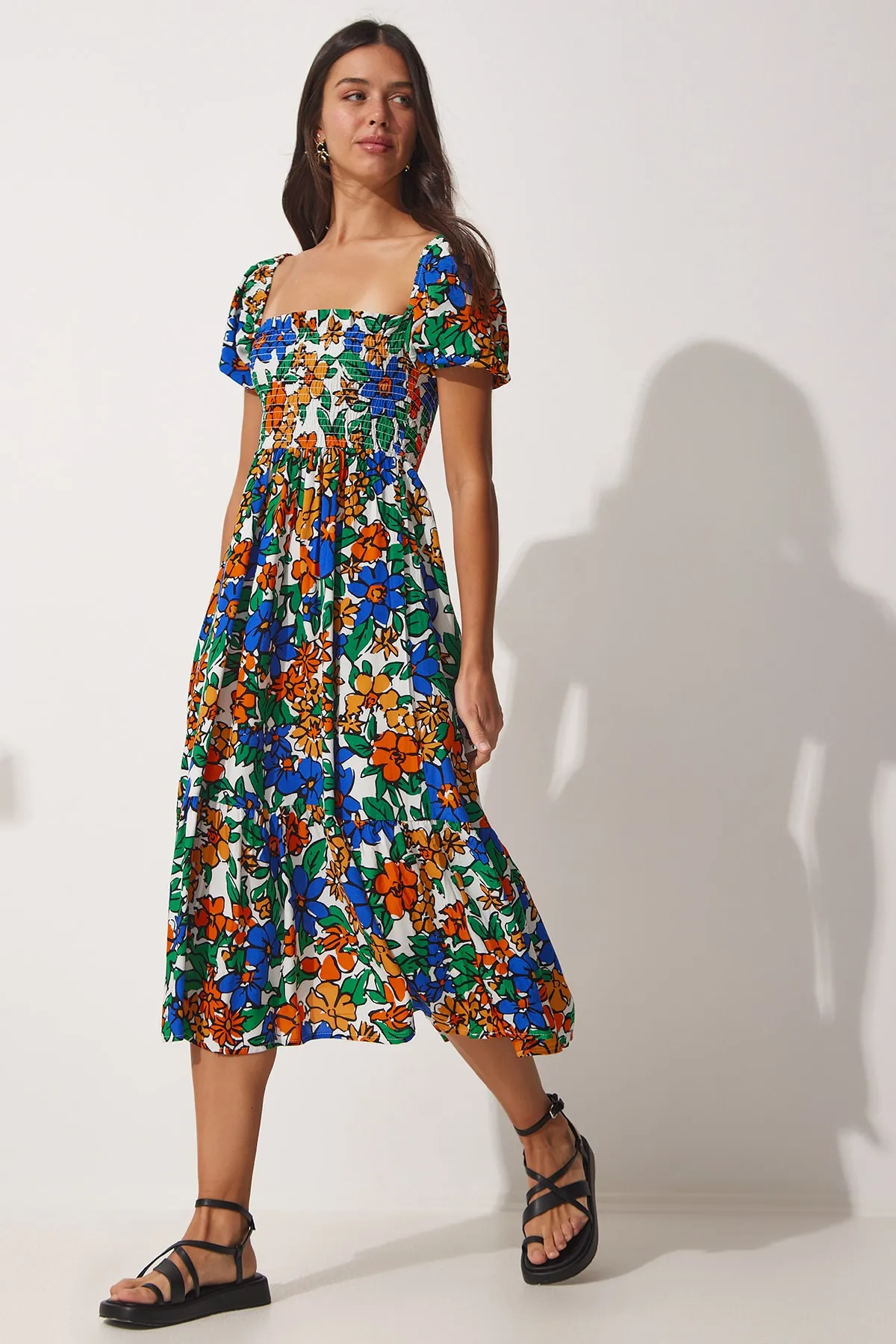 Happiness İstanbul  Damen-Sommerkleid aus Viskose mit Blumenmuster in Orange CI00079