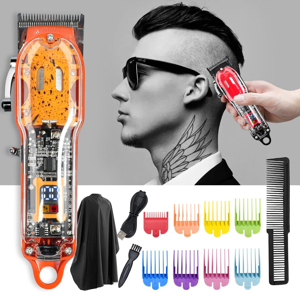 7Magic Haarschneider JM200A Professionelle Herren haarschneidemaschinen, Trimmer mit 8 Kamm und Schal IP65 Wasserdicht, Multifunktionale Transparente Bartschneider