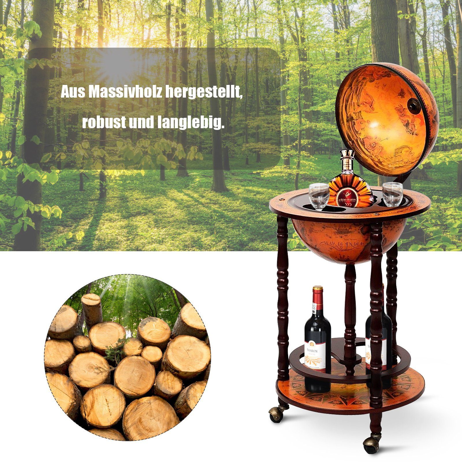 COSTWAY Weinregal stehend, Flaschenregal, Globusbar, mit Rollen & Deckel