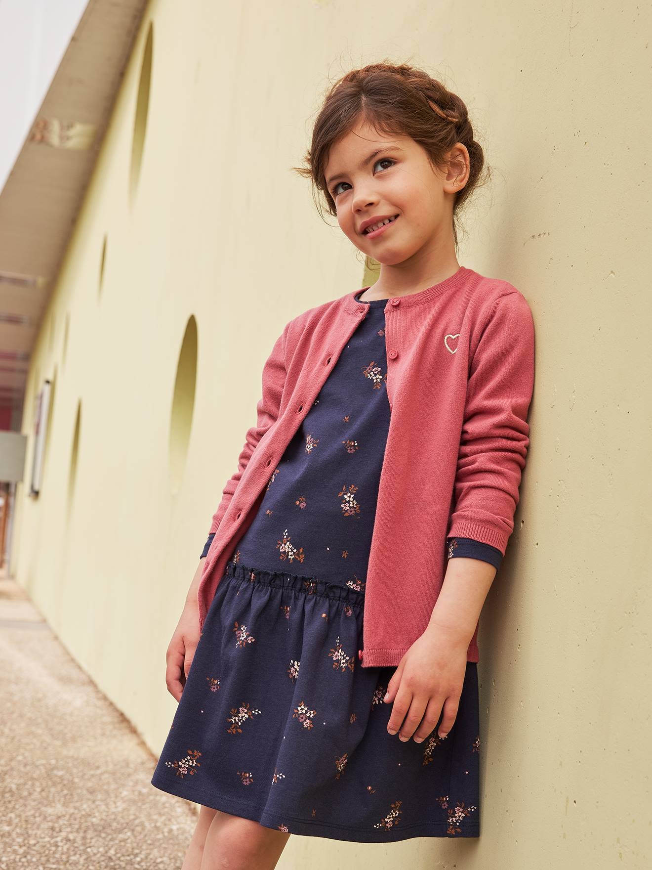 Robe Basics imprimée fille manches longues marron imprimé