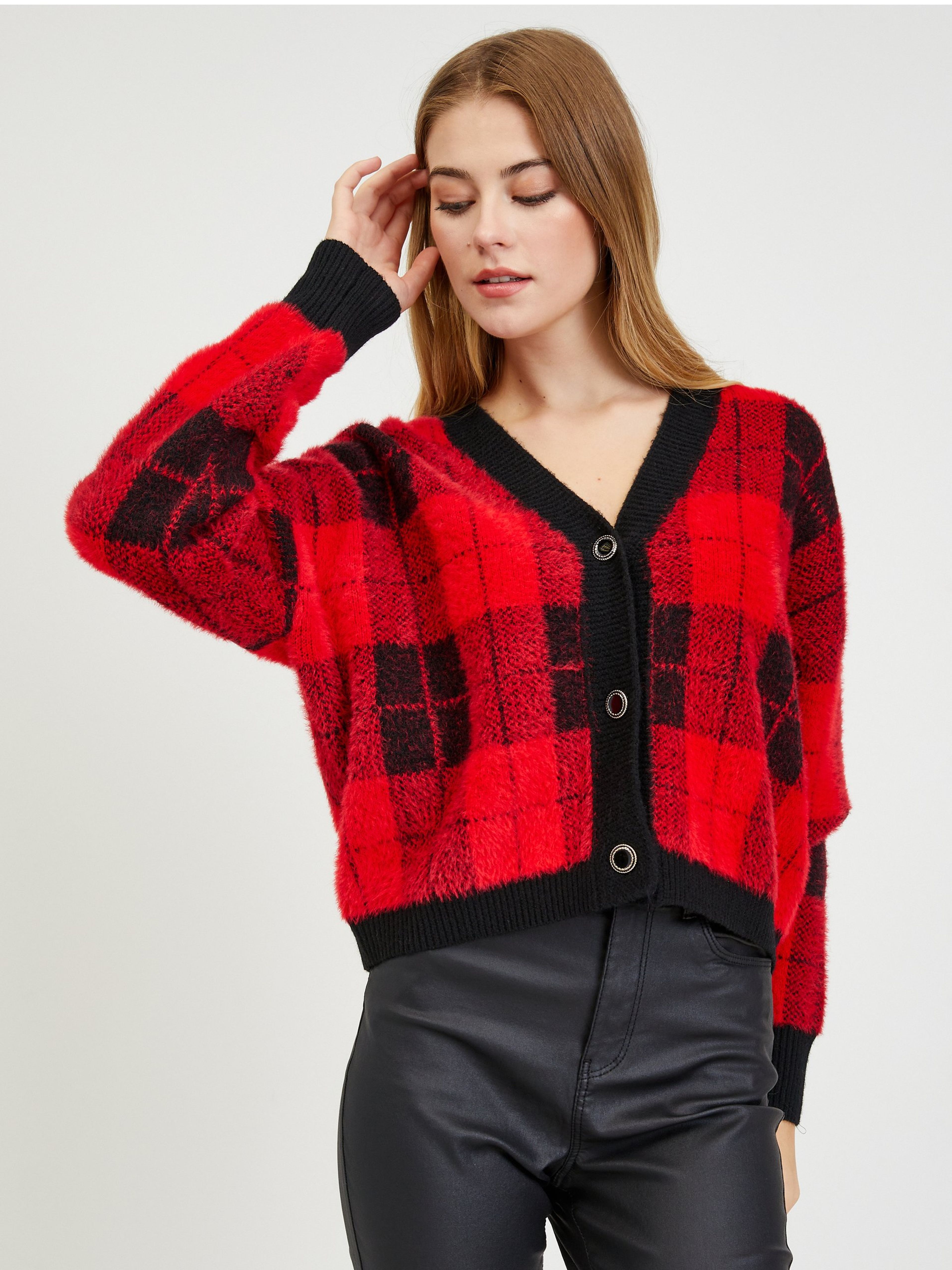 Schwarz-rot karierte Damencardigan ORSAY