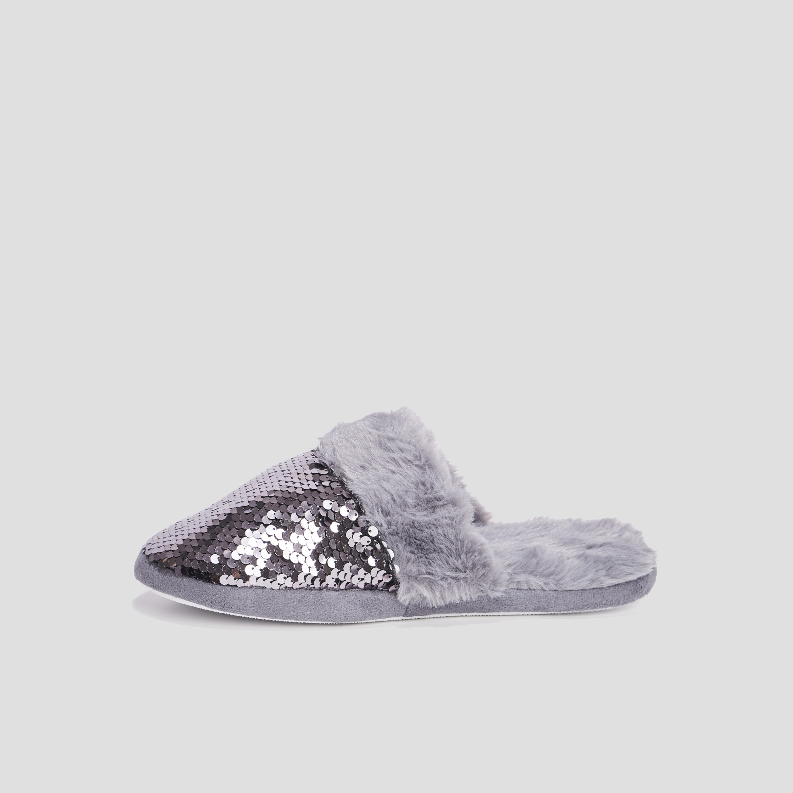 Chaussons mules sequins et fourrure gris femme | La Halle