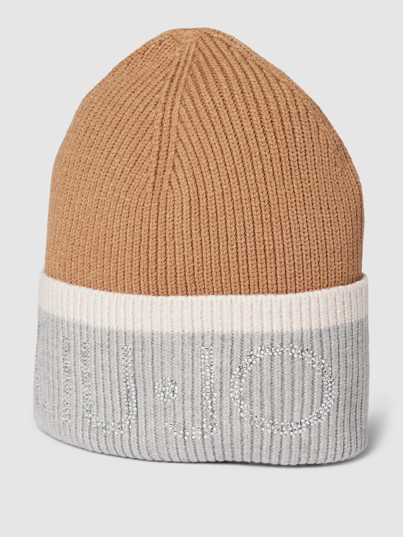 Beanie im Colour-Blocking-Design mit Strasssteinbesatz in beige