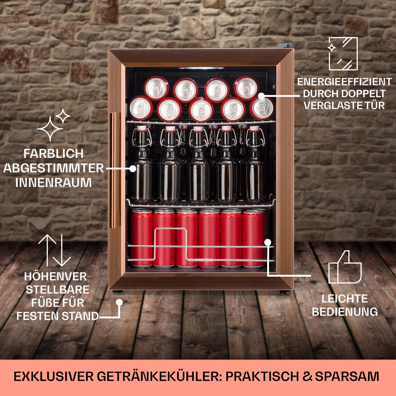 Klarstein Getränkekühlschrank HEA-Beersafe-XL-copp 10041891, 63 cm hoch, 47 cm breit, Bierkühlschrank Getränkekühlschrank Flaschenkühlschrank mit Glastür