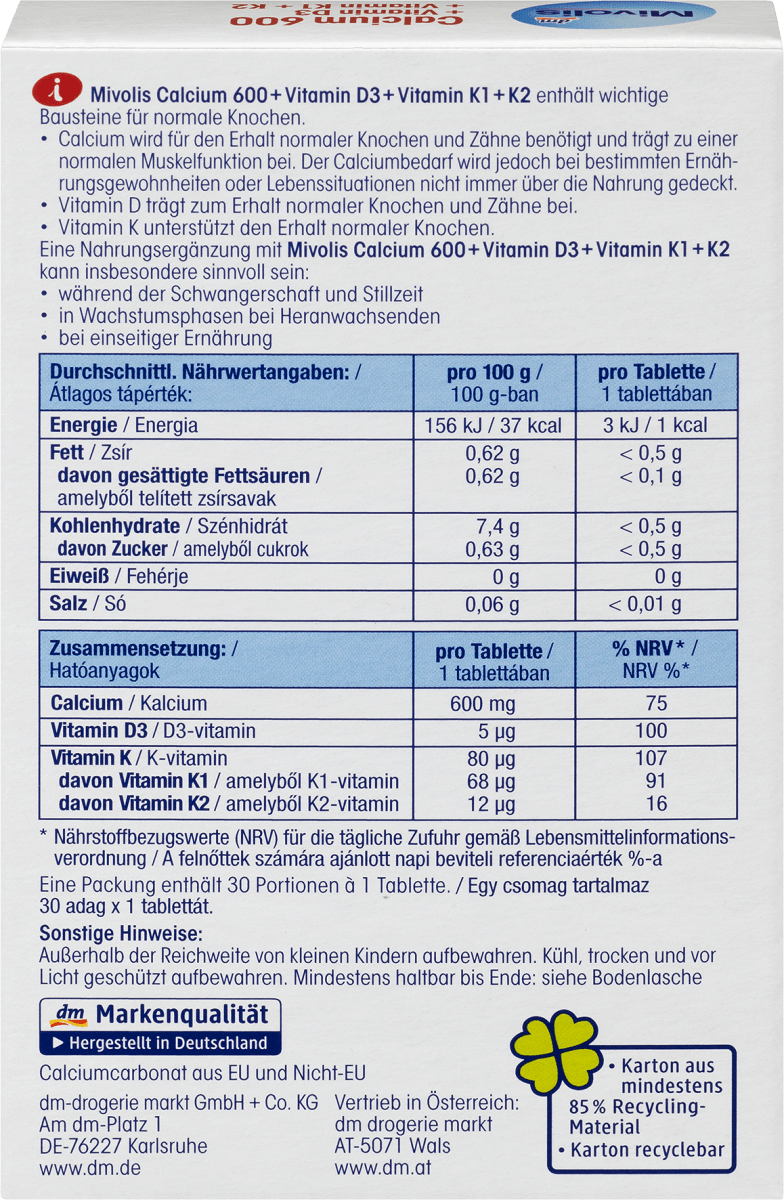 Calcium 600 + Vitamin D3 + K1 + K2, 30 St., 50 g