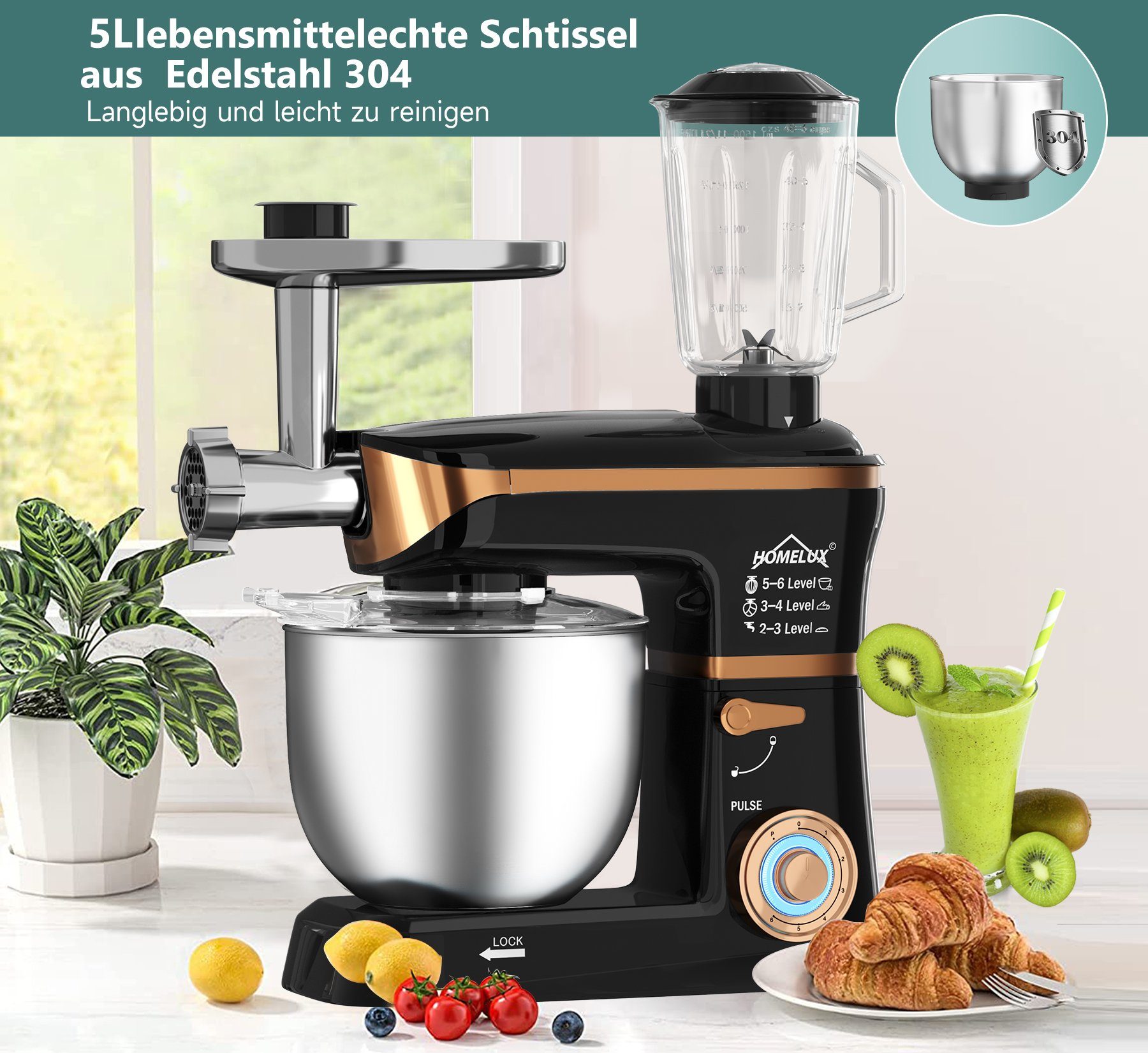 HOMELUX Küchenmaschine 3in1 Multifunktions Standmixer, 2000 W, 5 l Edelstahlschüssel, 2000,00 W, 5,00 l Schüssel, 6 Geschwindigkeiten Knetmaschine, Fleischwolf, Rührmaschine