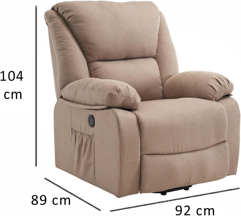 ECODE Sillón de Masaje Relax Elevador Levantapersonas Stelvio, Reclinación Eléctrica 160º, Función Calor, Programas Auto, Vibro Ondulación, 2 Puertos USB de Recarga, A++, ECO-8520UP (Beige)