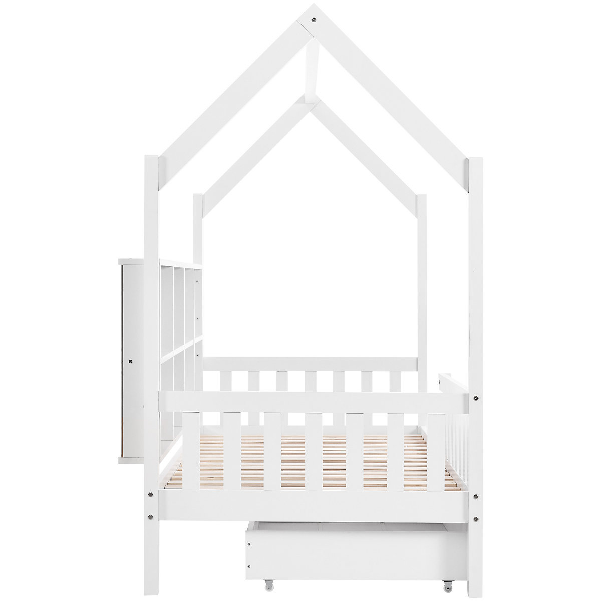 Hausbett 90x200 cm mit Ablageregal und Schubladen, Kinderbett mit Rausfallschutz