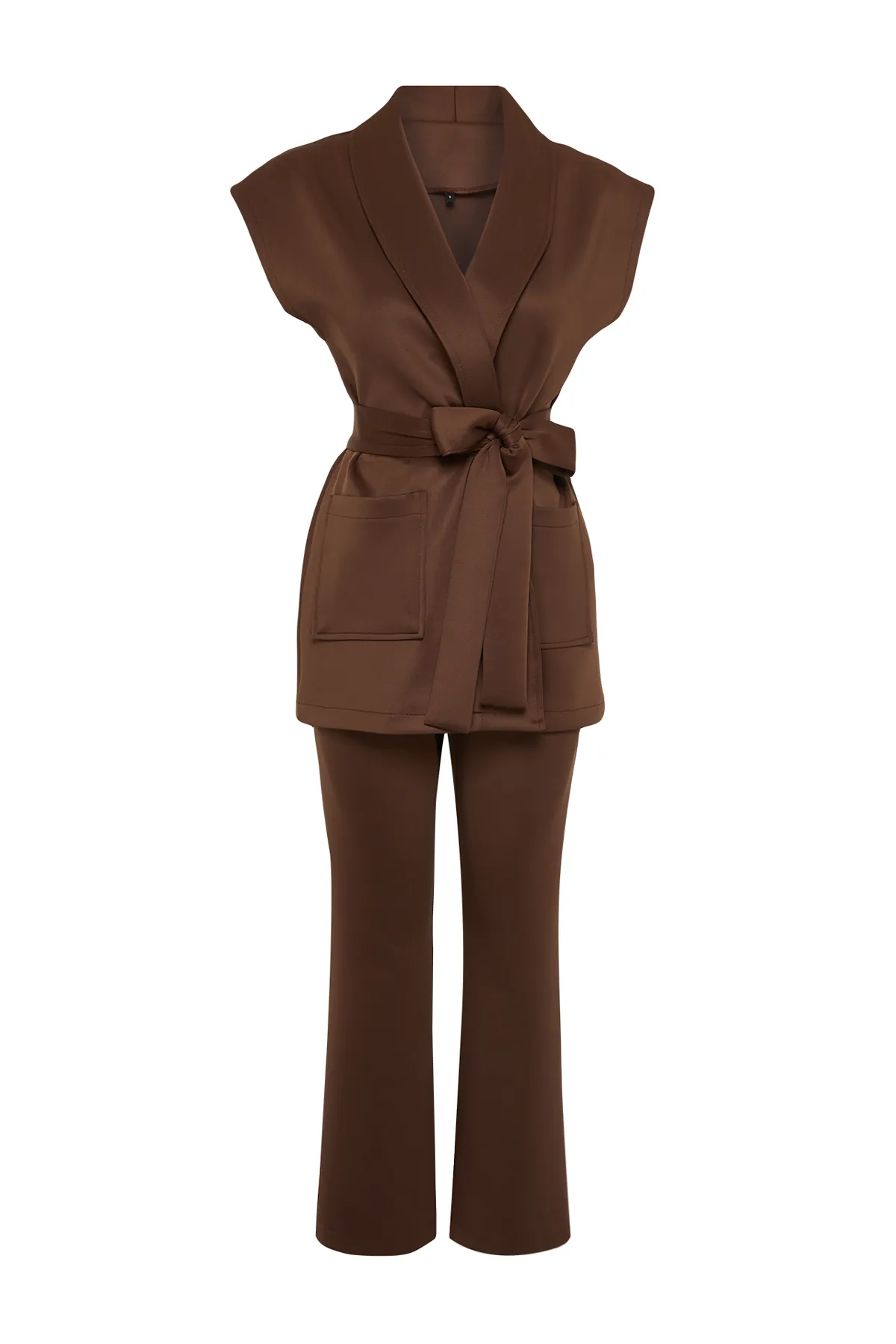 Trendyol Modest  Braunes Set aus gestricktem Oberteil und Unterteil aus Scuba mit Gürtel TCTSS24US00028