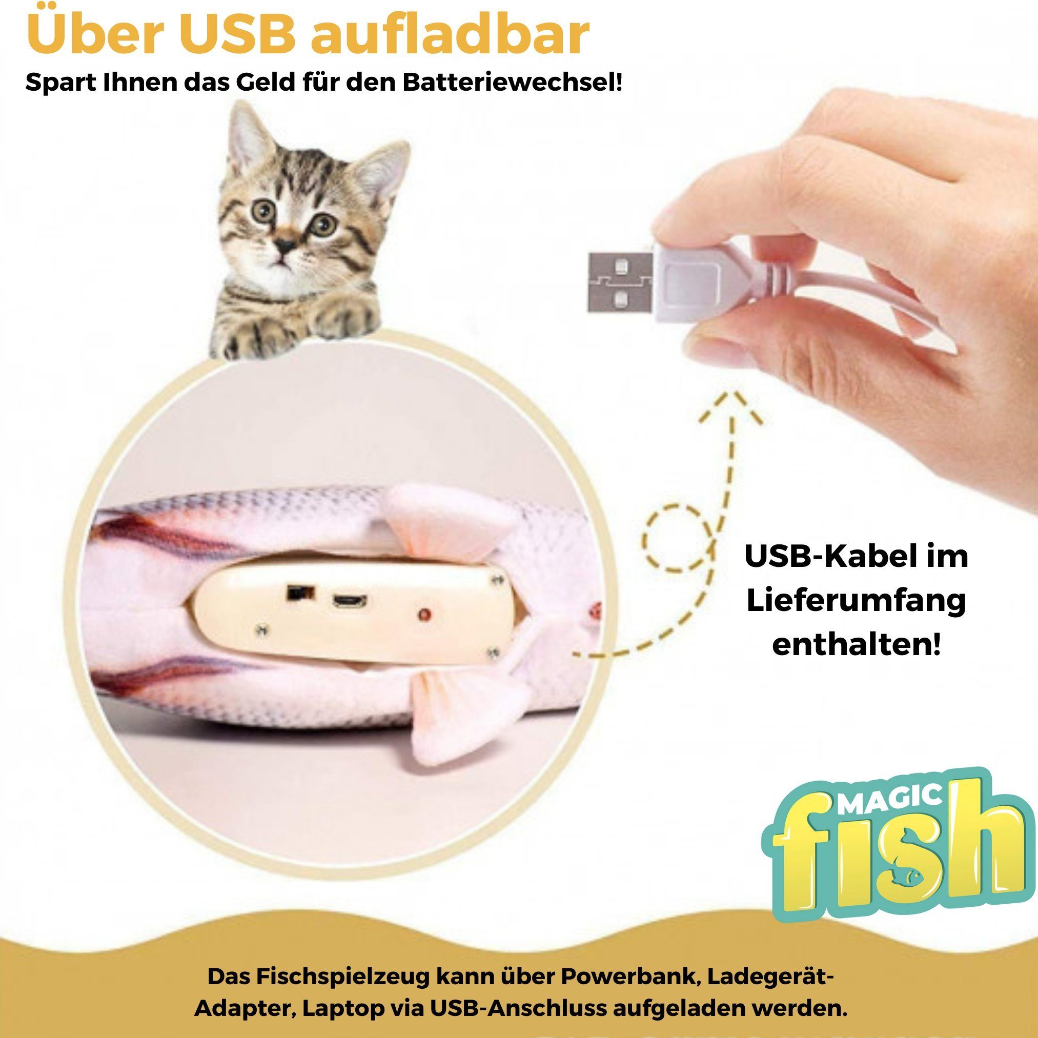 Best Direct® Tier-Beschäftigungsspielzeug Magic Fish®, Baumwolle, Polyester, Katzenspielzeug zappelnder, bewegender Fisch mit Katzenminze