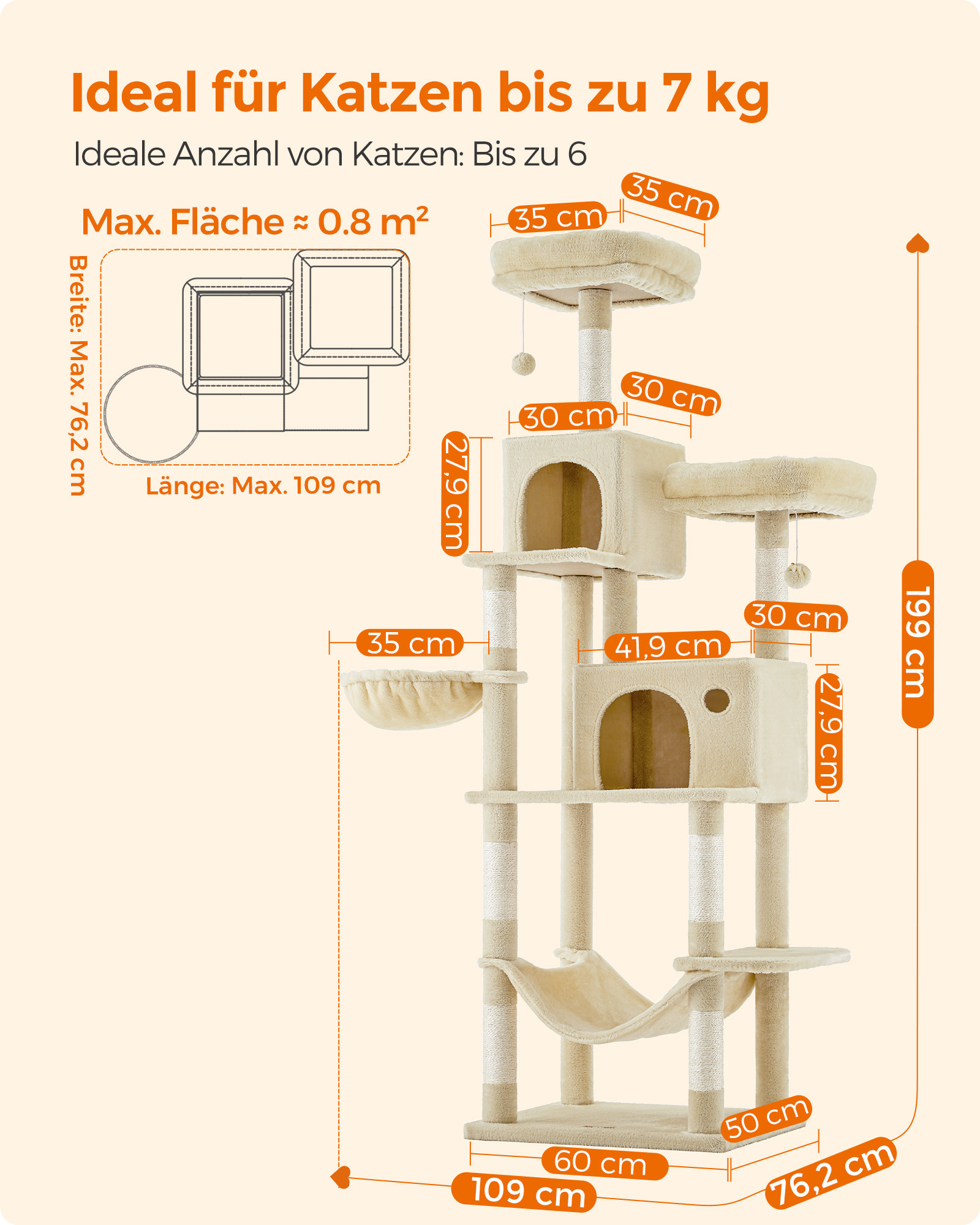 FEANDREA Kratzbäume FEANDREA Katzenbaum XXL 199cm hellgrau beige