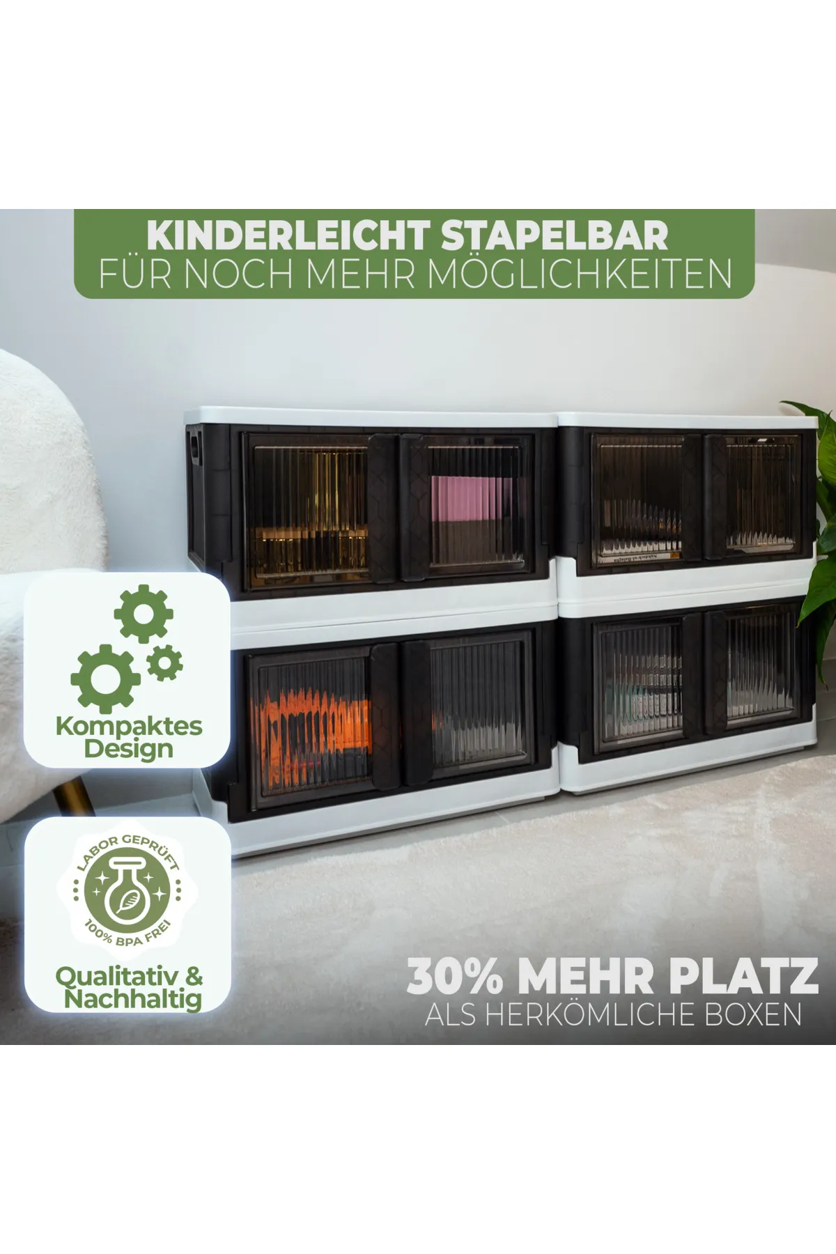 Viwares  Faltbare Aufbewahrungsbox mit Deckel - 3 Stapelbare Aufbewahrungsboxen