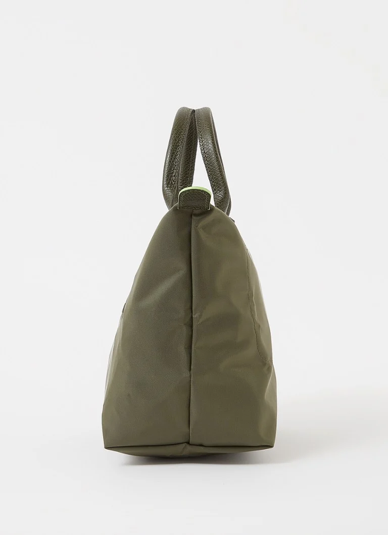 Geantă verde Longchamp Le Pliage, mărimea S, cu detalii din piele.