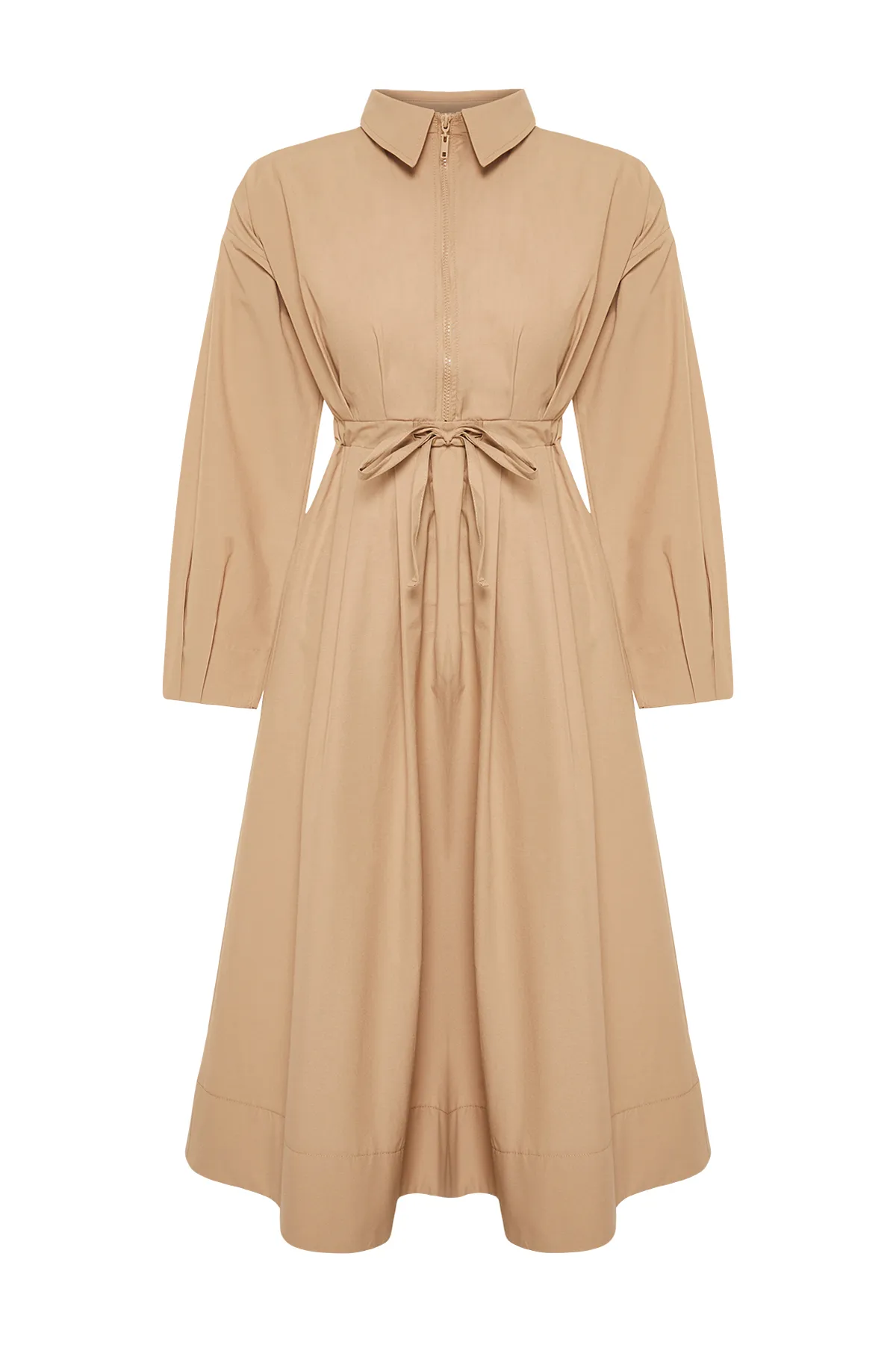 Trendyol Modest  Kamelfarbenes, detailliertes Webkleid mit Kordel und Reißverschluss TCTSS24EB00086