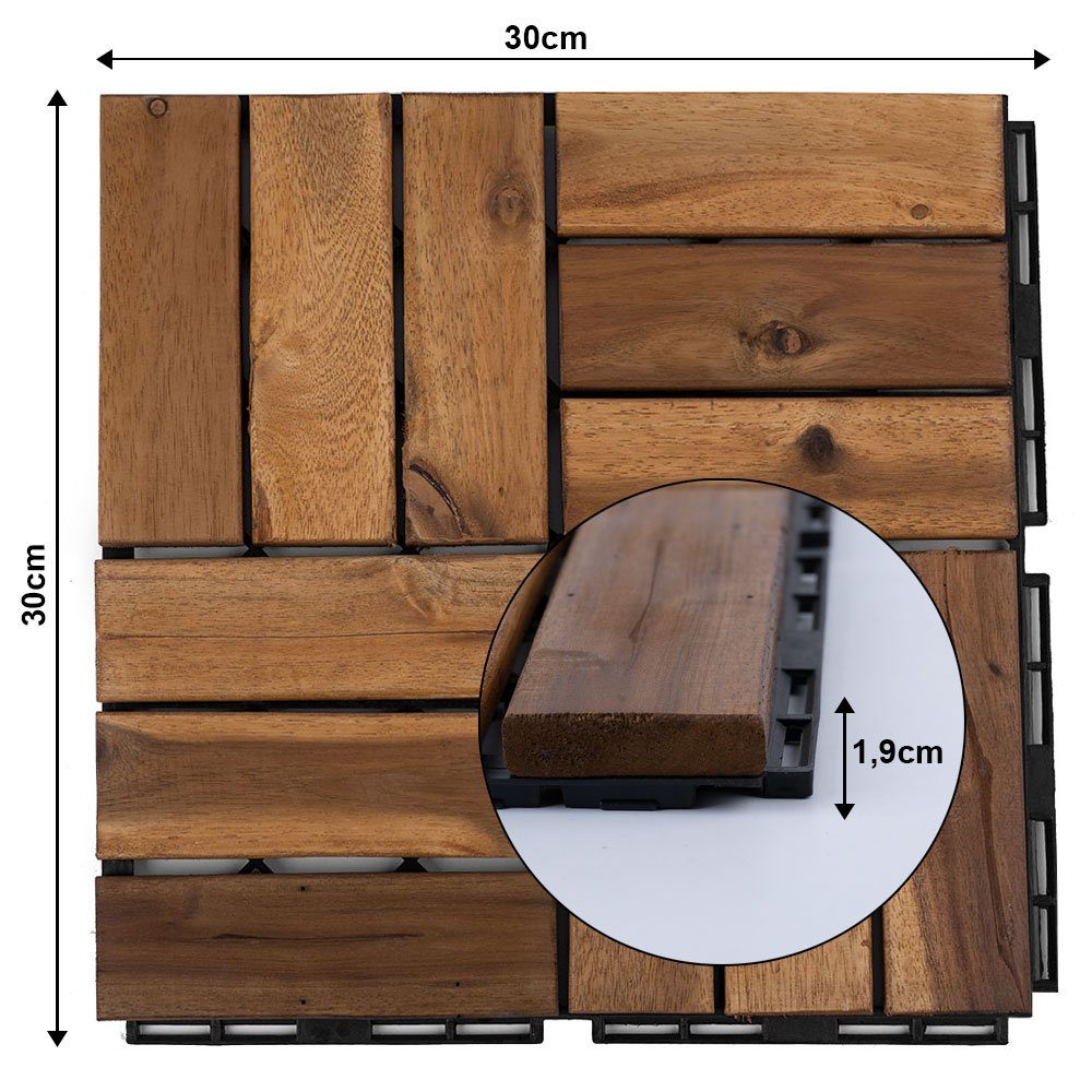 etc-shop Holzfliesen, Holzfliese Akazie 30 x 30 Klickfliesen Balkon Terrassenfliesen Holz