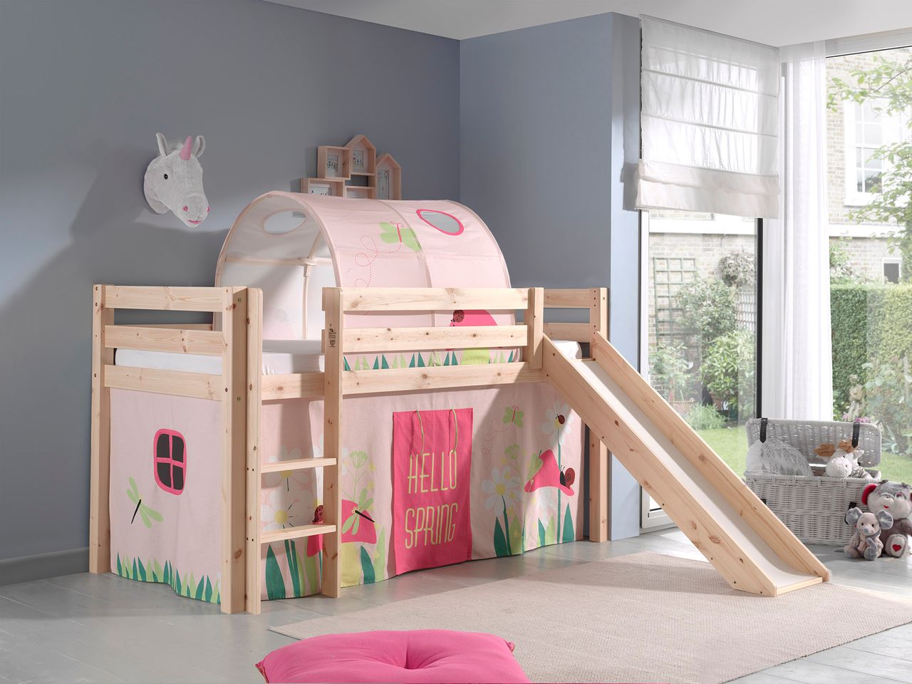 VIPACK Spielbett Pino inkl. Rutsche mit Textilset Vorhang und Tunnel 