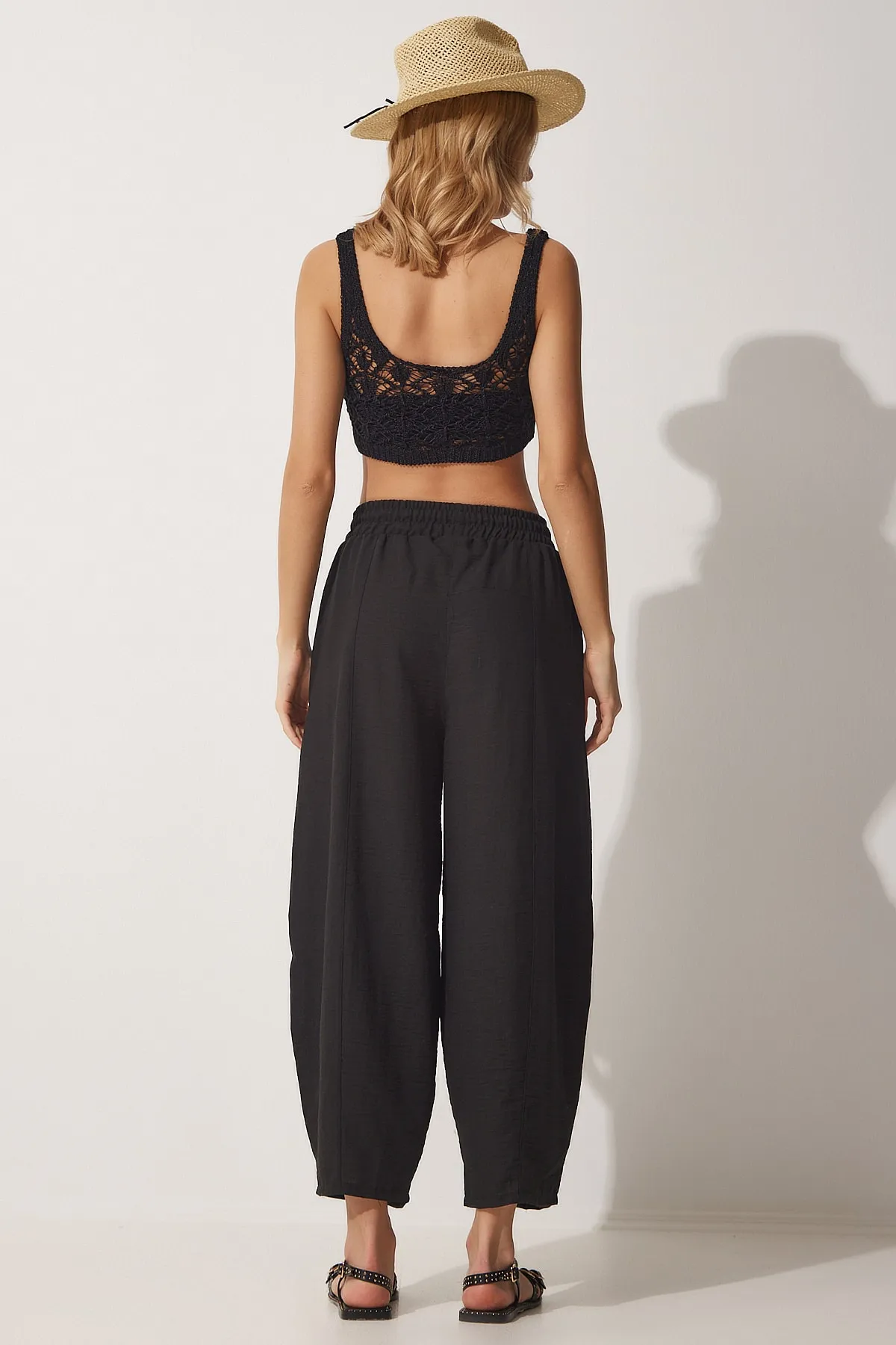 Happiness İstanbul  Schwarzes Leinenhemd- und Baggy-Hosen-Set für Damen DZ00080