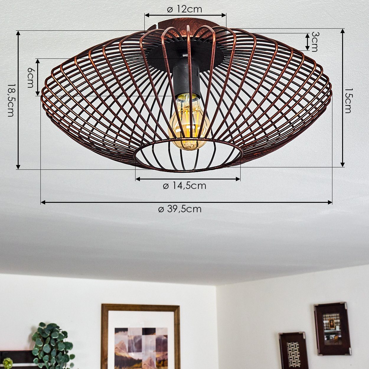 hofstein Deckenleuchte Pieris runde Deckenlampe aus Metall in Schwarz/Kupfer, ohne Leuchtmittel, E27, Retro-Leuchte mit Lichteffekt durch Gitter-Optik
