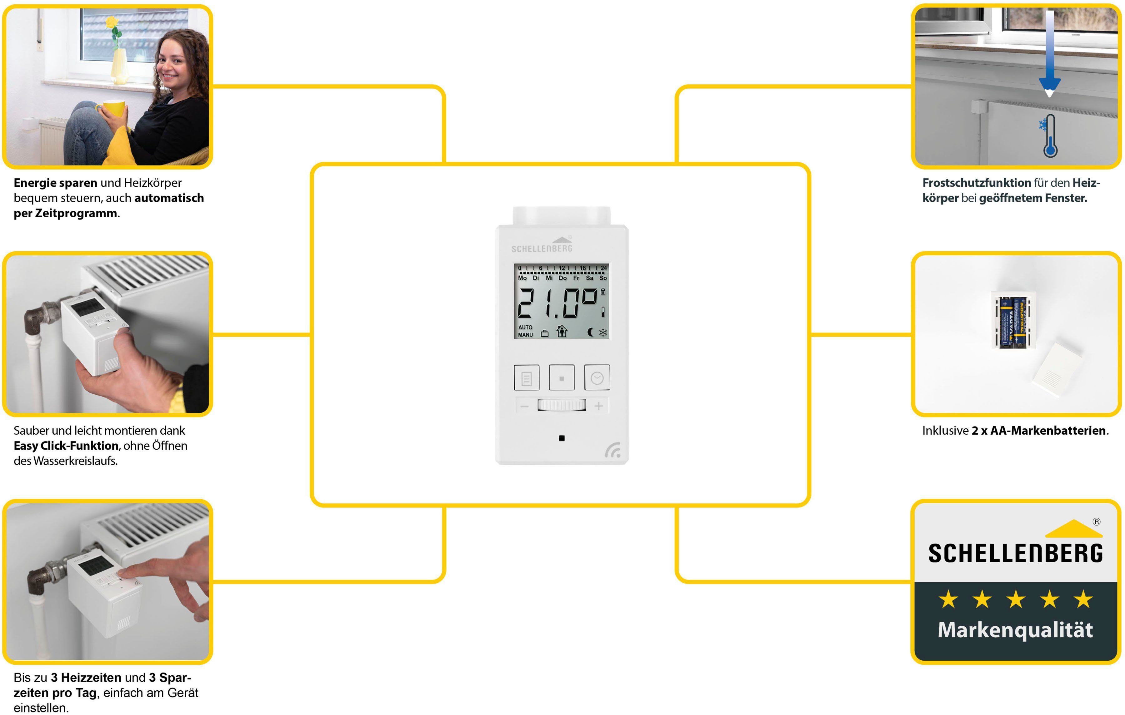 SCHELLENBERG Heizkörperthermostat Digital, 20101, (Inkl. Adapter-Set Danfoss RAV, RA, RAVL) einzeln, oder im 3er oder 5er Spar-Set erhältlich
