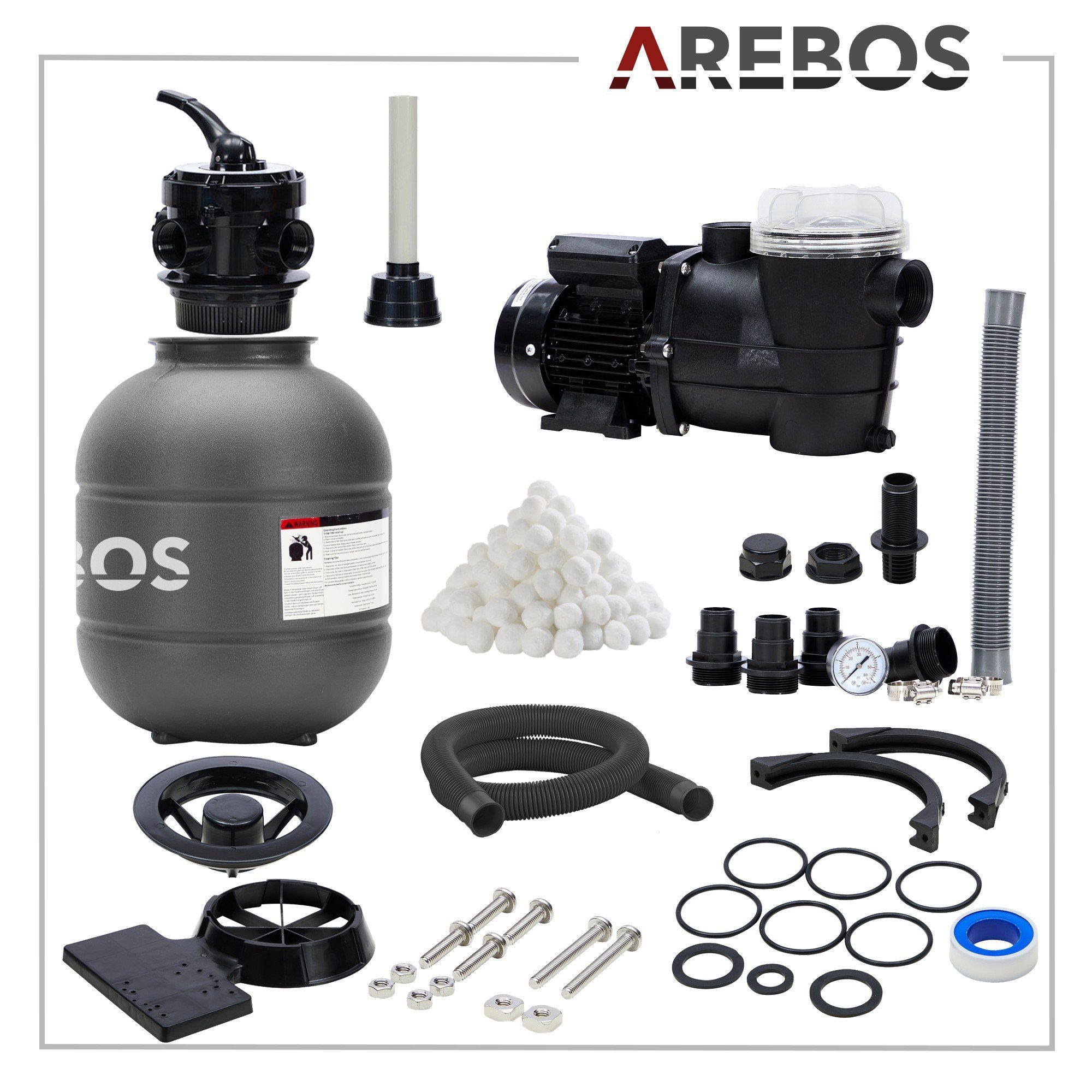 Arebos Sandfilteranlage mit Pumpe inkl.700g Filterbälle + 2m Schlauch, 400 W, 7 Wege-Ventil (Set)