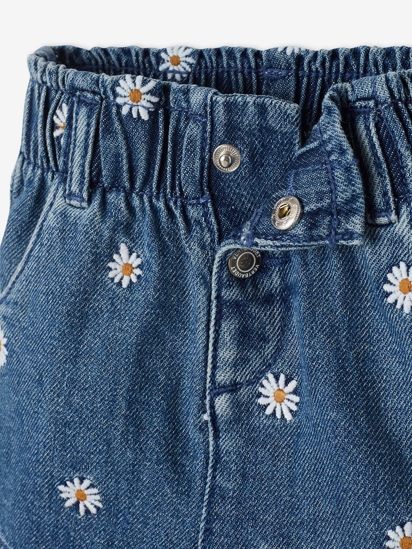 Short en denim bébé fleurs brodées stone
