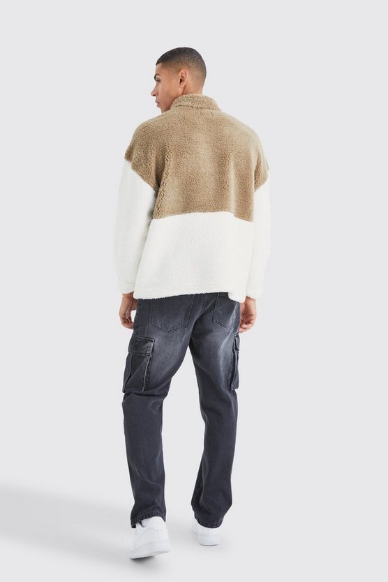 Oversize Borg Colorblock Sweatshirt mit 1/4 Reißverschluss