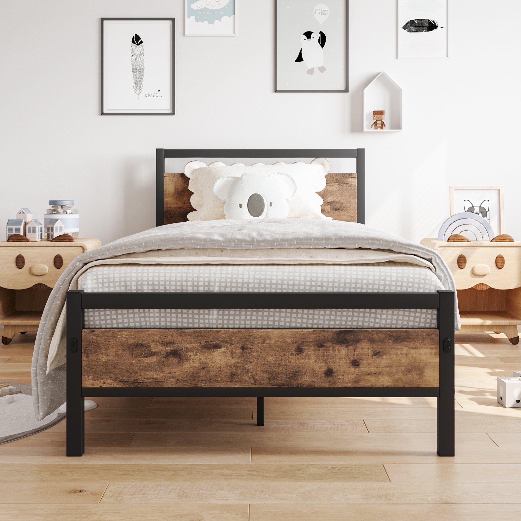 WISHDOR Metallbett Einzelbett Jugendbett mit Lattenrost ohne Matratze (90 x 200 cm Schwarz), mit Kopfteil und Lattenrost, FÜR LANGLEBIGKEIT GESCHAFFEN