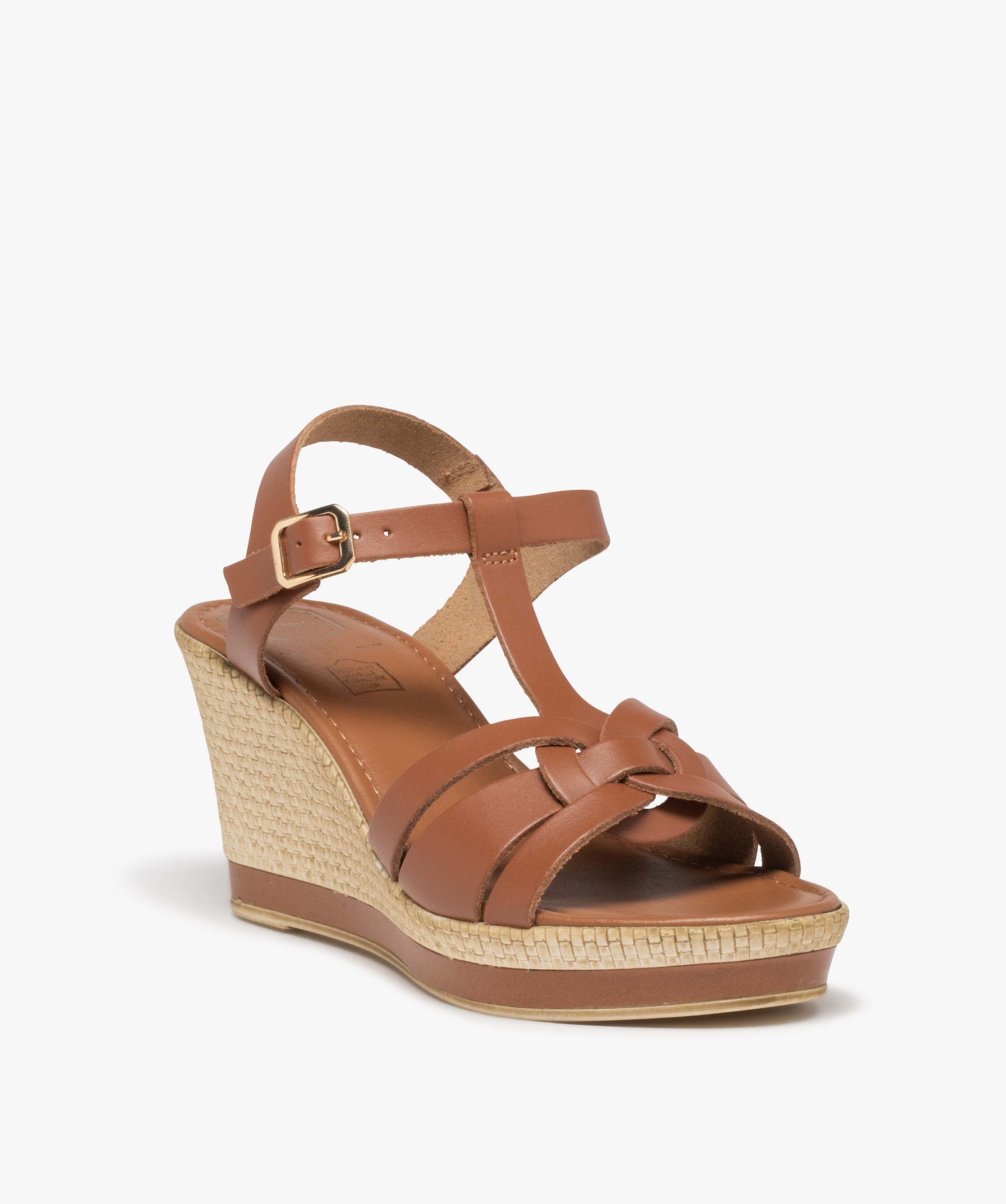 Sandales femme compensées dessus cuir uni - Tanéo camel | GEMO