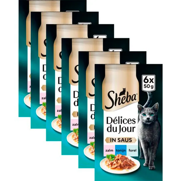 Sheba Délices du Jour în sos cu somon, ton și păstrăv, pliculețe pentru hrană pentru pisici, 36 x 50g