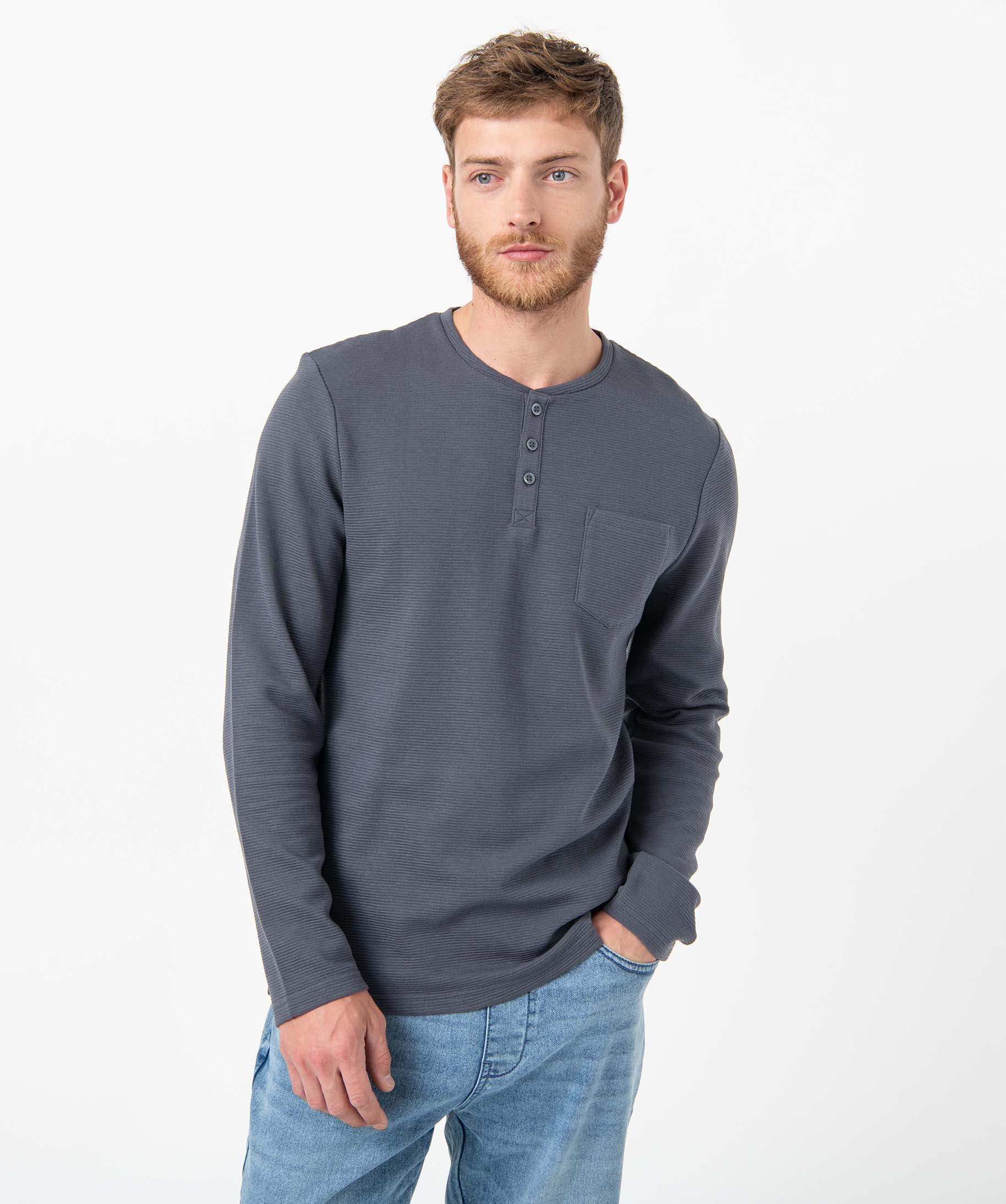 Tee-shirt homme à manches longues à col boutonné bleu | GEMO