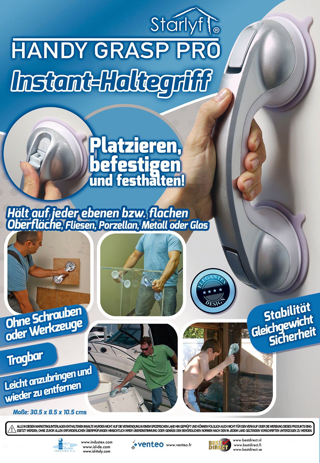 Starlyf Haltegriff Handy Grasp Pro, belastbar bis 70 kg, 30 cm Badewannengriff, ideal für die Dusche, ohne Schrauben