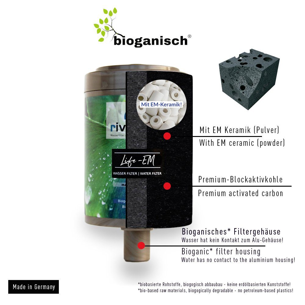 rivaALVA Wasserfilter Life-EM Trinkwasserfilter-Set, Blockaktivkohlefilter mit EM Keramik inkl. Schlauchanschluss-Set, Zubehör für Wasserhahn, Made in Germany