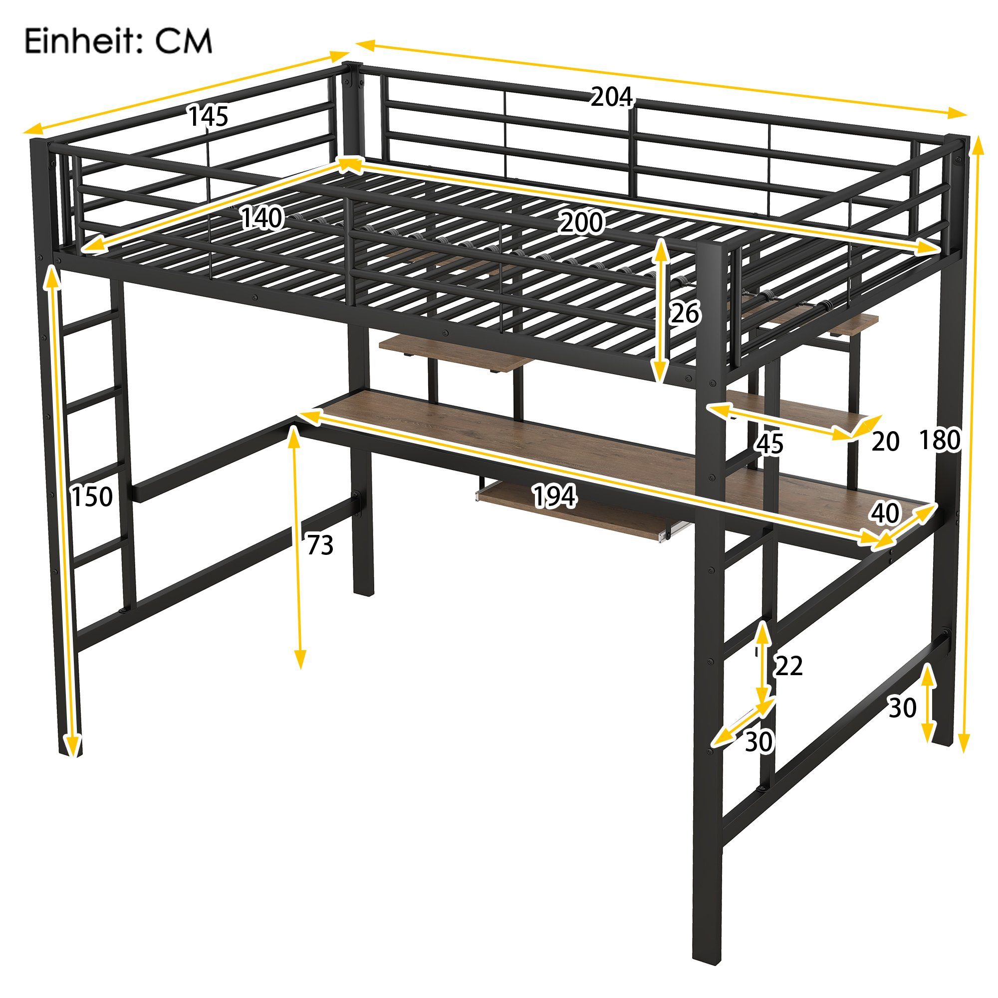 Gotagee Metallbett Jugendbett mit Schreibtisch Eisenbett 140x200cm Metallbett Hochbett