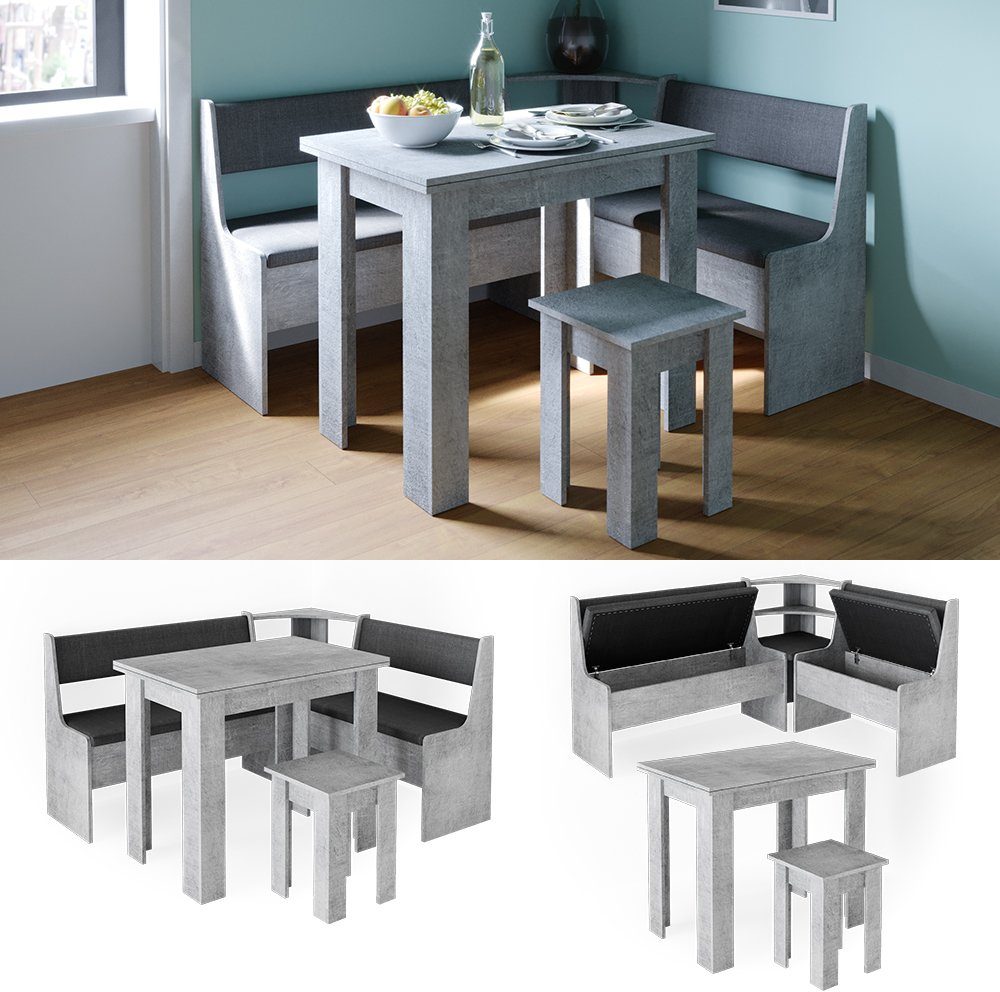 Vicco Eckbankgruppe Eckbankgruppe Esszimmergruppe ROMAN Beton, (Set, 5-tlg., 5-er Set), Ausziehbarer Tisch, mit Polsterung, Stauraum in den Sitzbänken