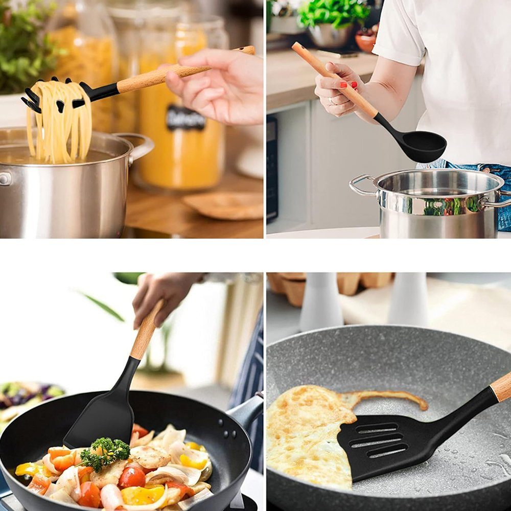 Bedee Kochbesteck-Set Silikon Kochgeschirr Set, Küchengerät 34 Stück (Küchenutensilien, Spachtel-Set mit Halter, Holzgriffen, 34-tlg), Antihaft Kochgeschirr Set mit Behälter