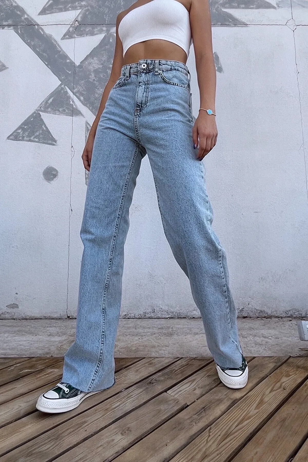 Trn JNS  Cesy Lycra Damen Hellblau Snow Wash Super High Waist Loose Leg Denim Loose Palazzo Hose
