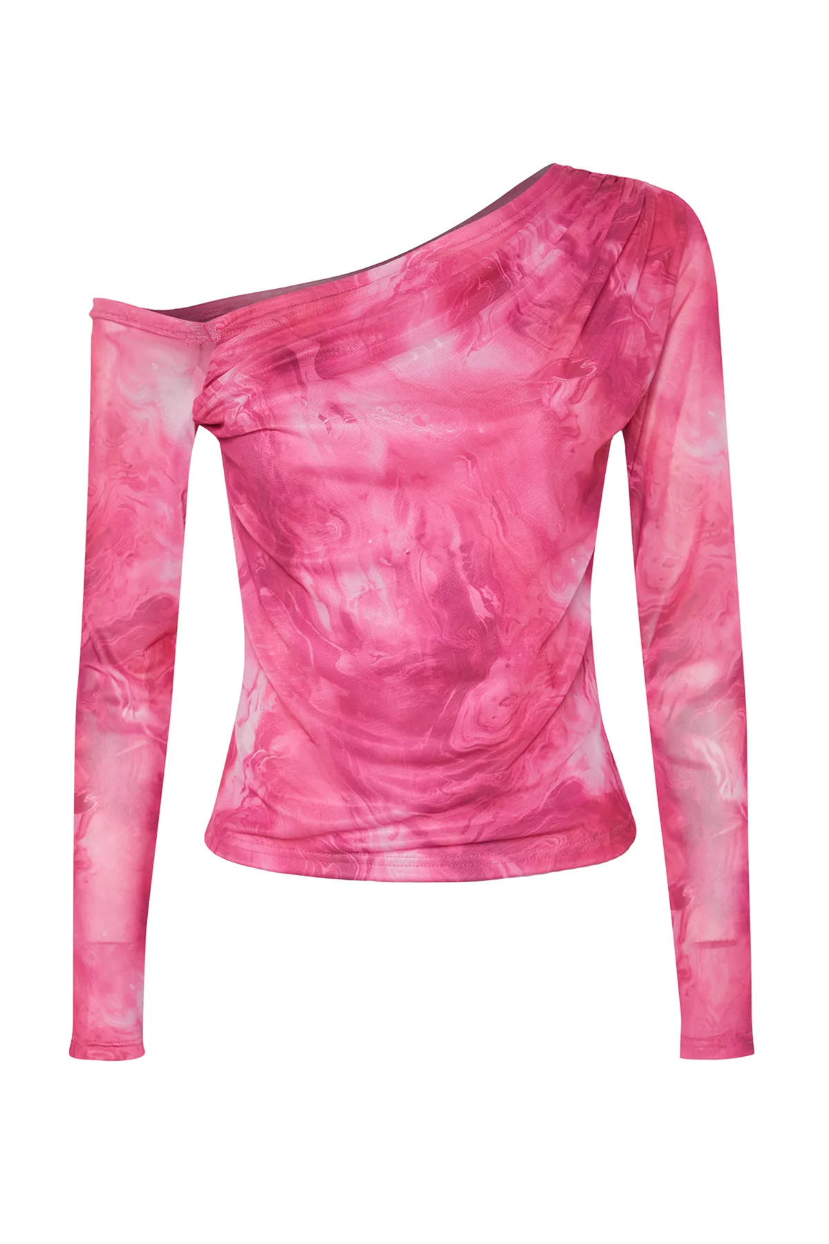 Trendyol Collection  Pink*001 Gemusterte, mit Tüll gefütterte Strickbluse mit asymmetrischem Kragen TWOAW24BZ00051