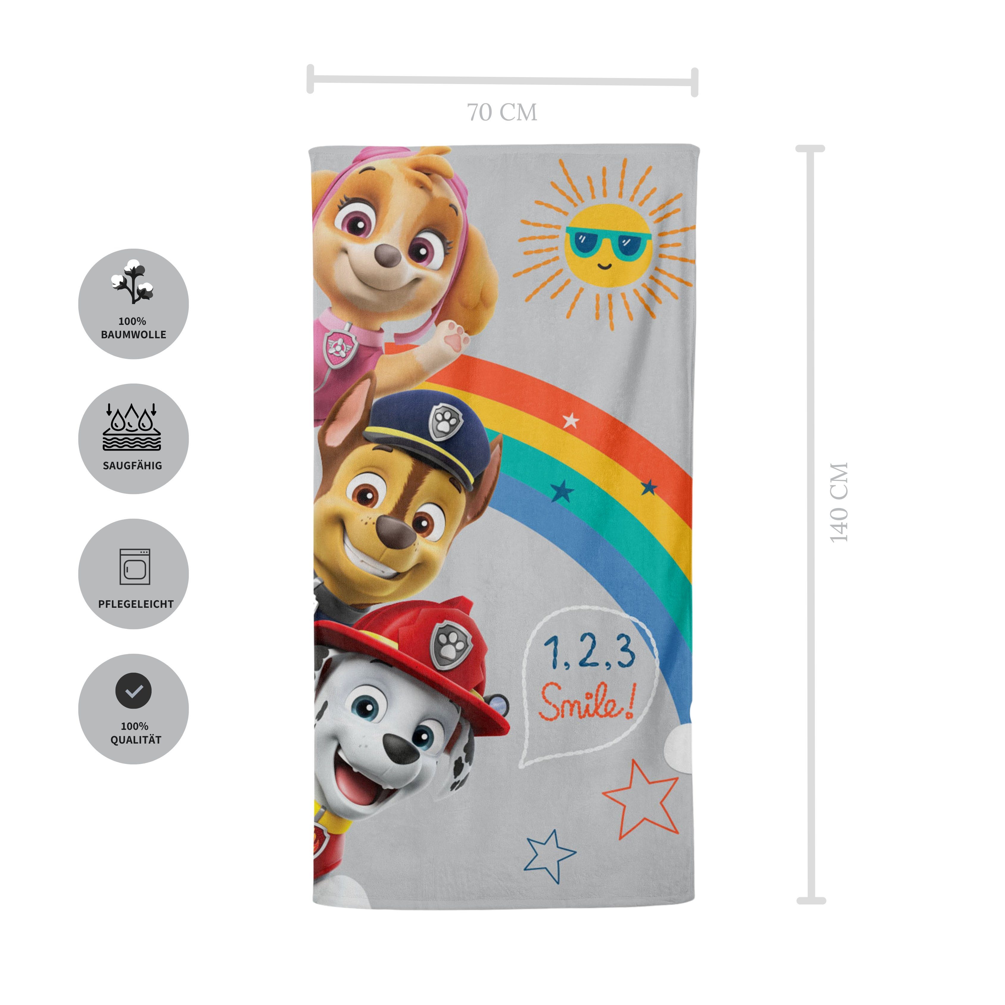 MTOnlinehandel Badetuch Paw Patrol 70x140 cm, 100 %, Baumwolle (1-St), Strandtuch Smile Regenbogen mit Chase, Marshall & Skye für Kinder