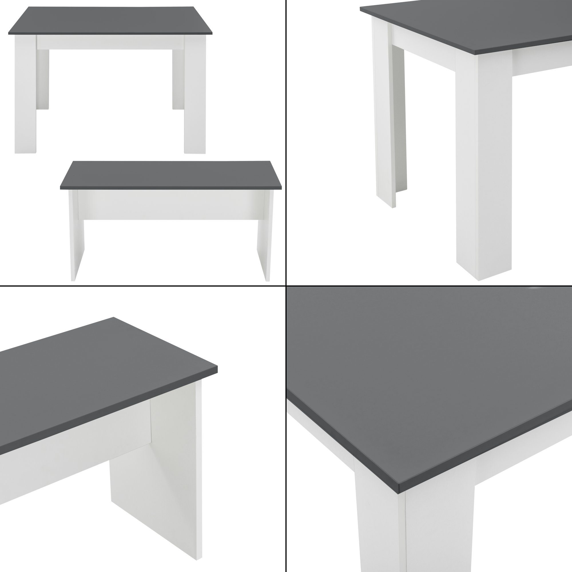 en.casa Essgruppe, (3-tlg), Hokksund Sitzgruppe Esstisch 110x70cm mit 2 Sitzbänken Weiß / Grau