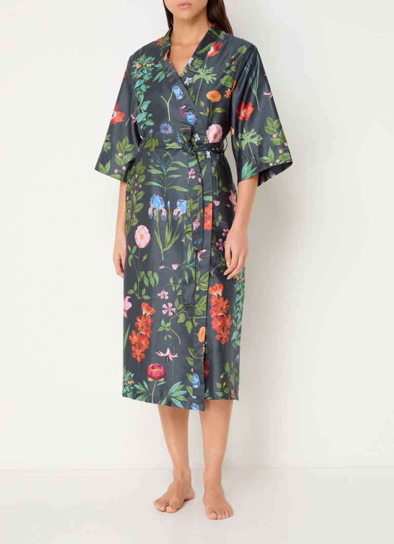 Kimono Essenza Ilona Marigold, confecționat din bumbac organic cu imprimeu floral.