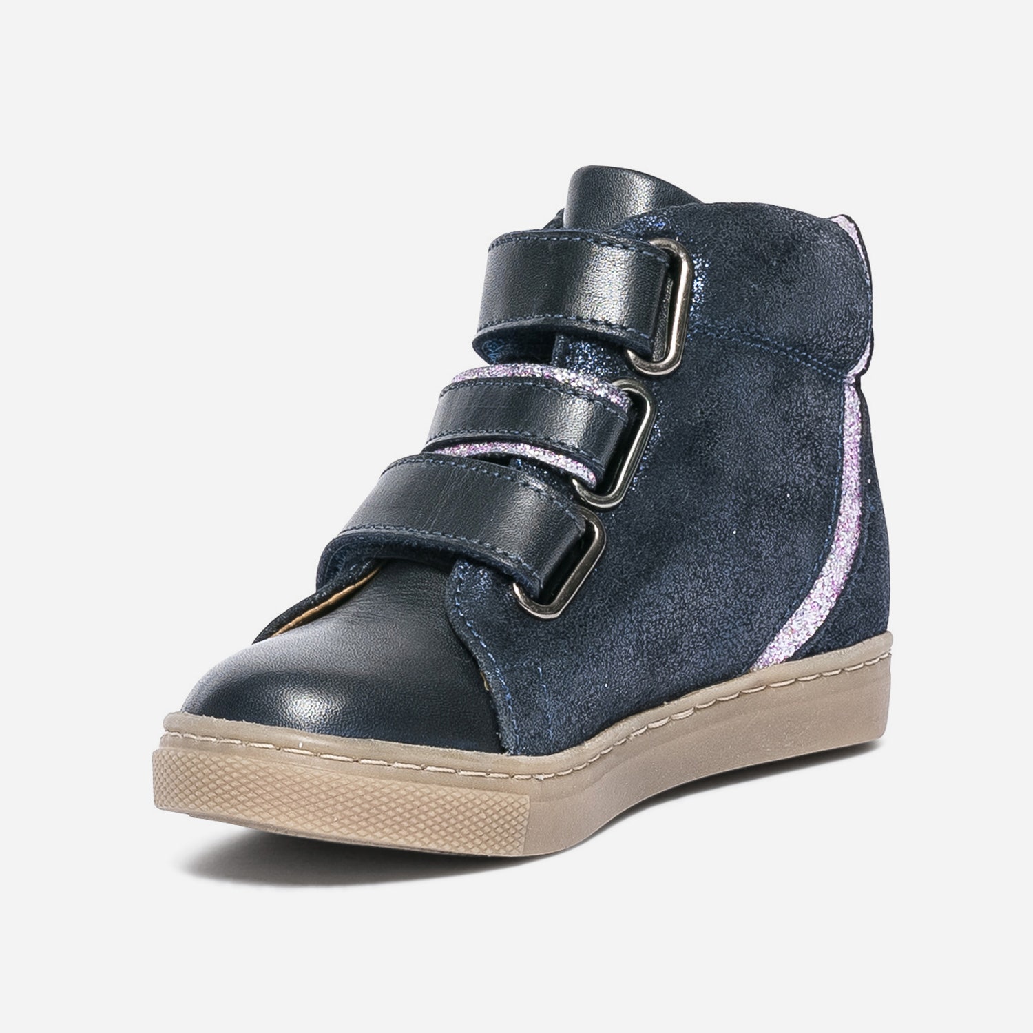 Boots BUGGY bleu marine en cuir à scratchs