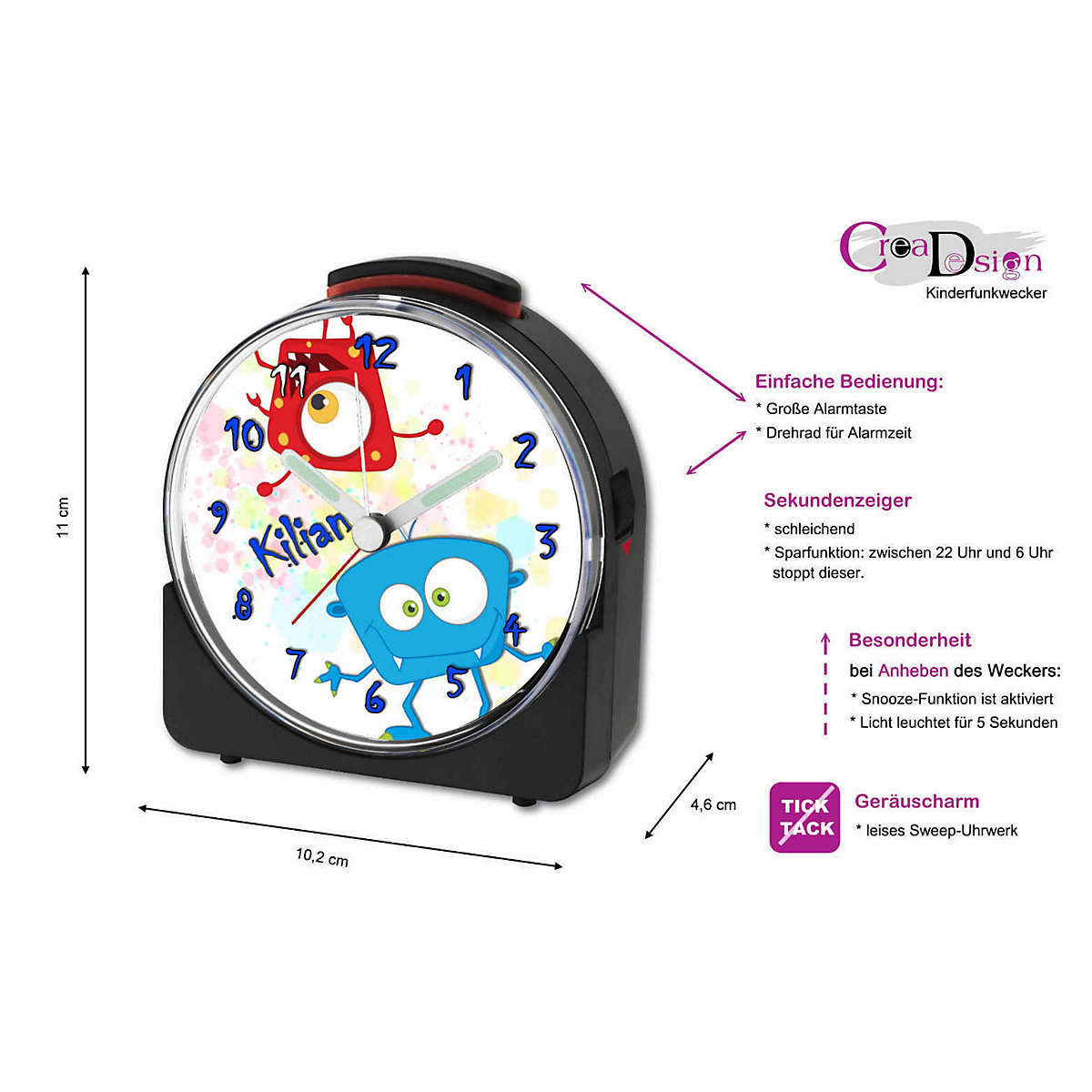 Kinder Funkwecker weiß personalisiert mit Namen Monster