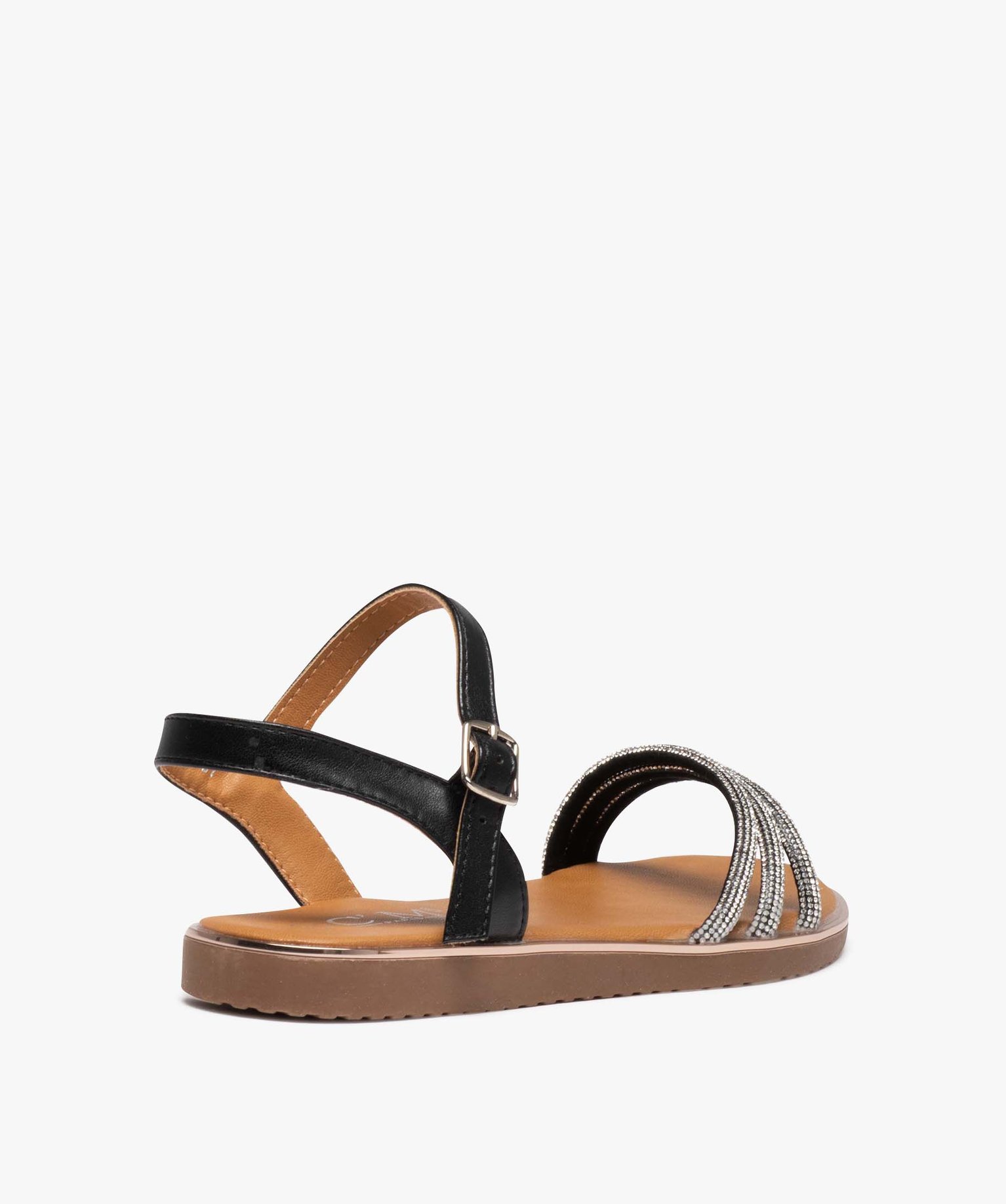 Sandales femme plates avec brides tubulaires à strass noir | GEMO