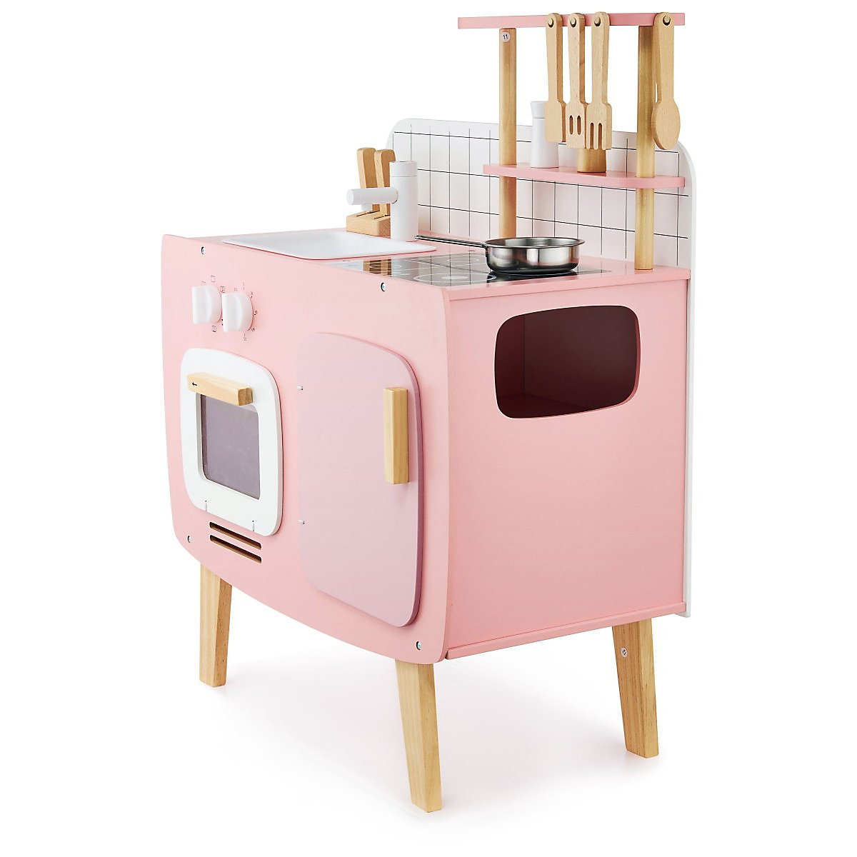 Retro Spielküche aus Holz mit Offen, Waschbecken, Schürze und 9 Holzzubehörteile