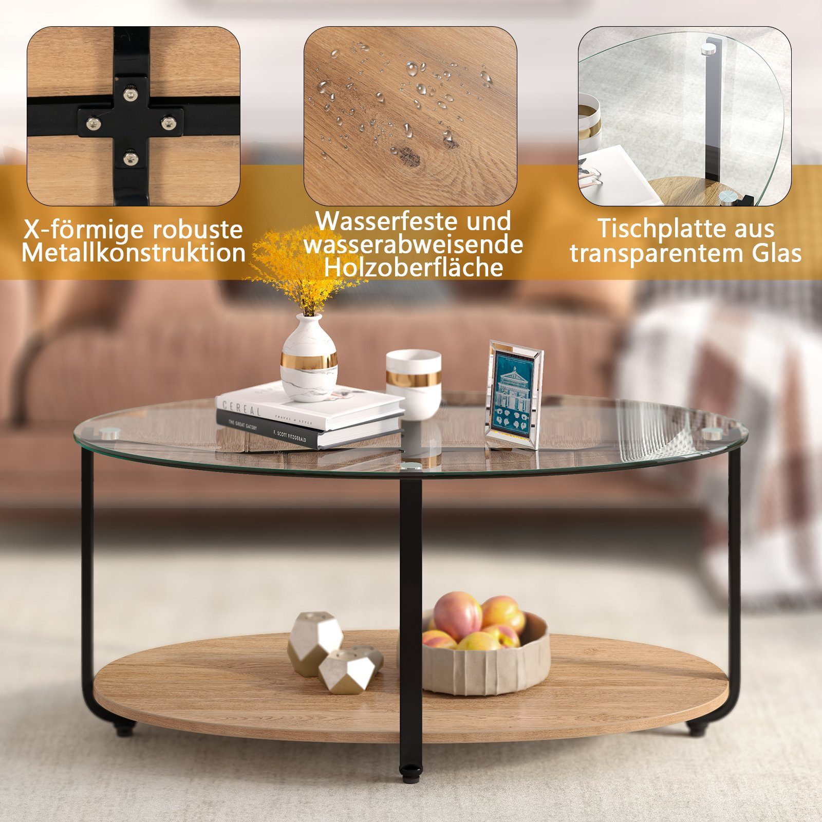 COSTWAY Couchtisch, Glas 2 Ebene mit Stauraum, Metallrahmen, oval, 95x50x44cm