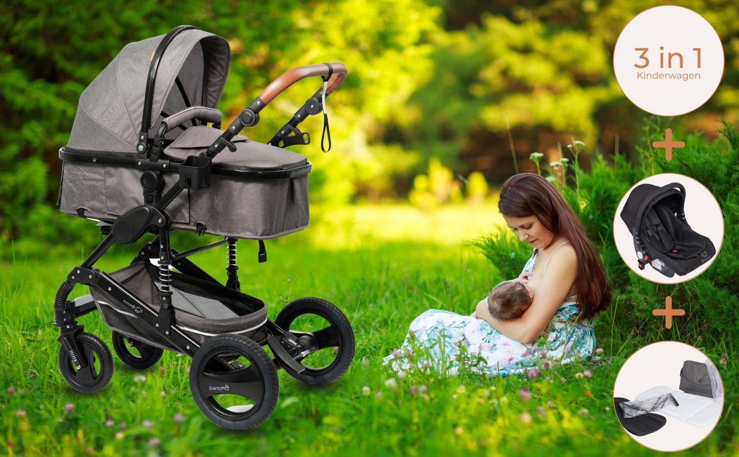Bronea Kombi-Kinderwagen 3 in 1 Kinderwagen Set mit ISOFIX Station & Zubehör - Auto-Babyschale, (10, 10-tlg), große Räder - leicht klappbar - verstellbarer Fahrtrichtung - 0-25kg