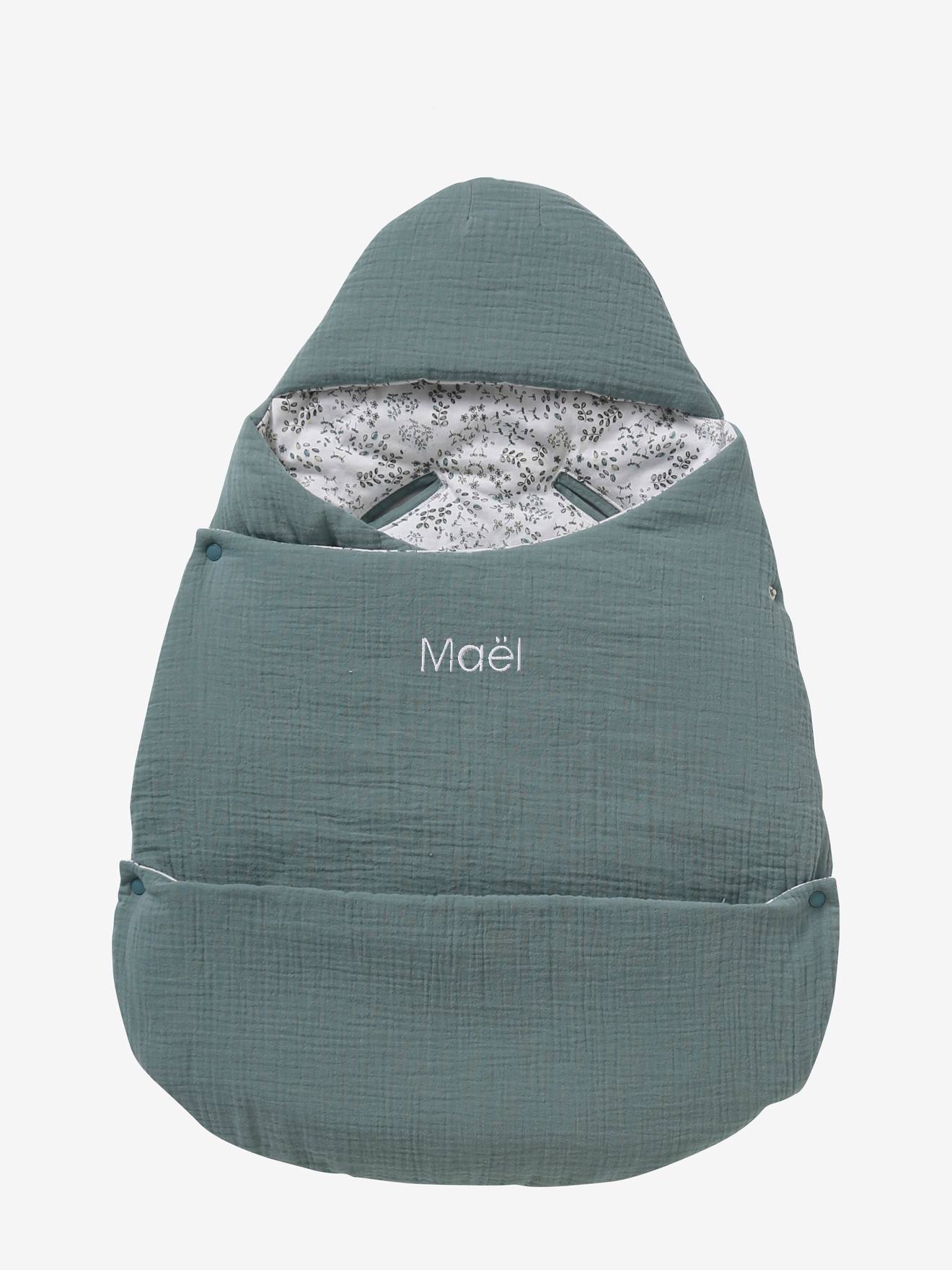Vertbaudet 2-in-1 Baby Ausfahrsack/Wickelunterlage, Musselin, personalisierbar - aqua