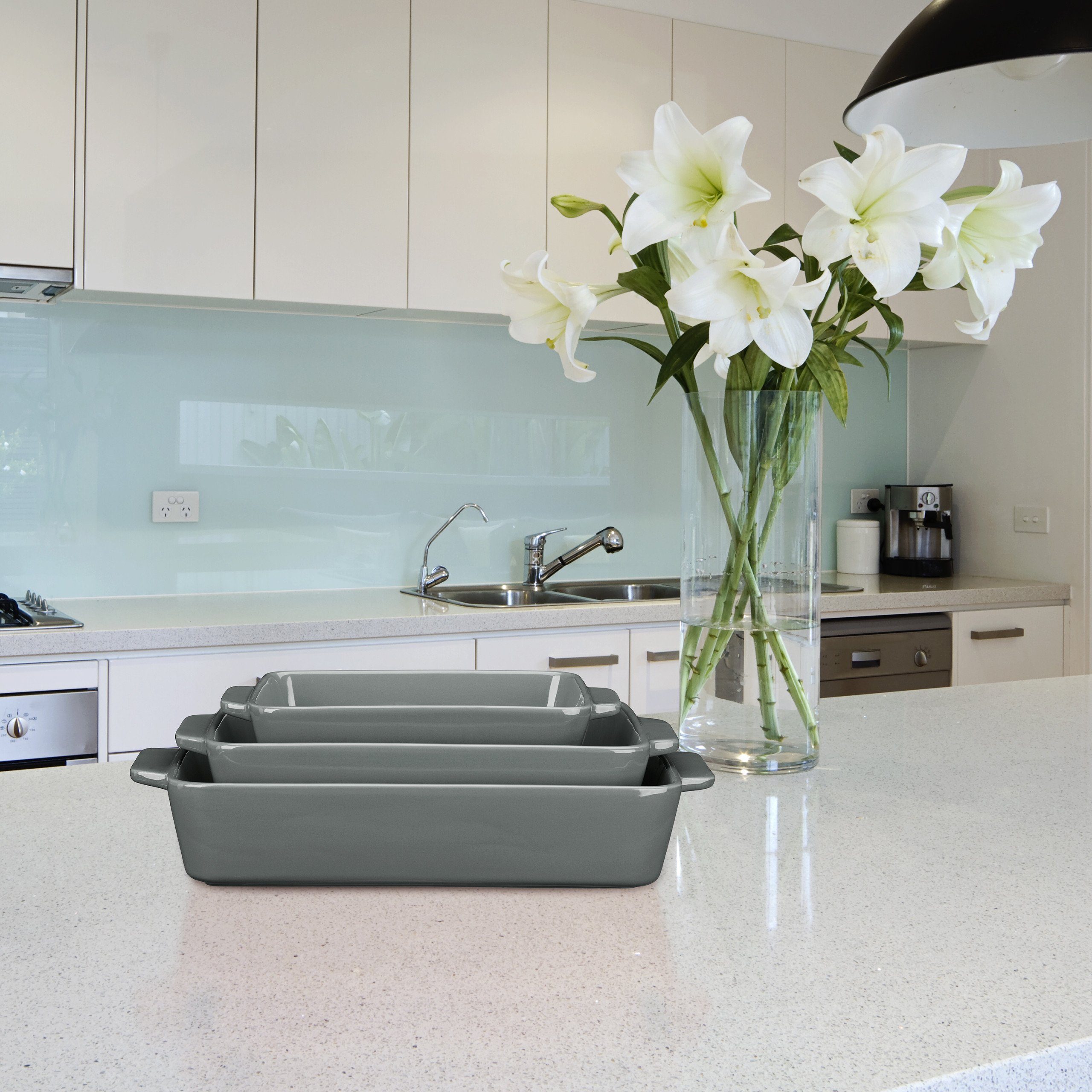 relaxdays Auflaufform 3-tlg. Keramik Auflaufform Set grau, Keramik
